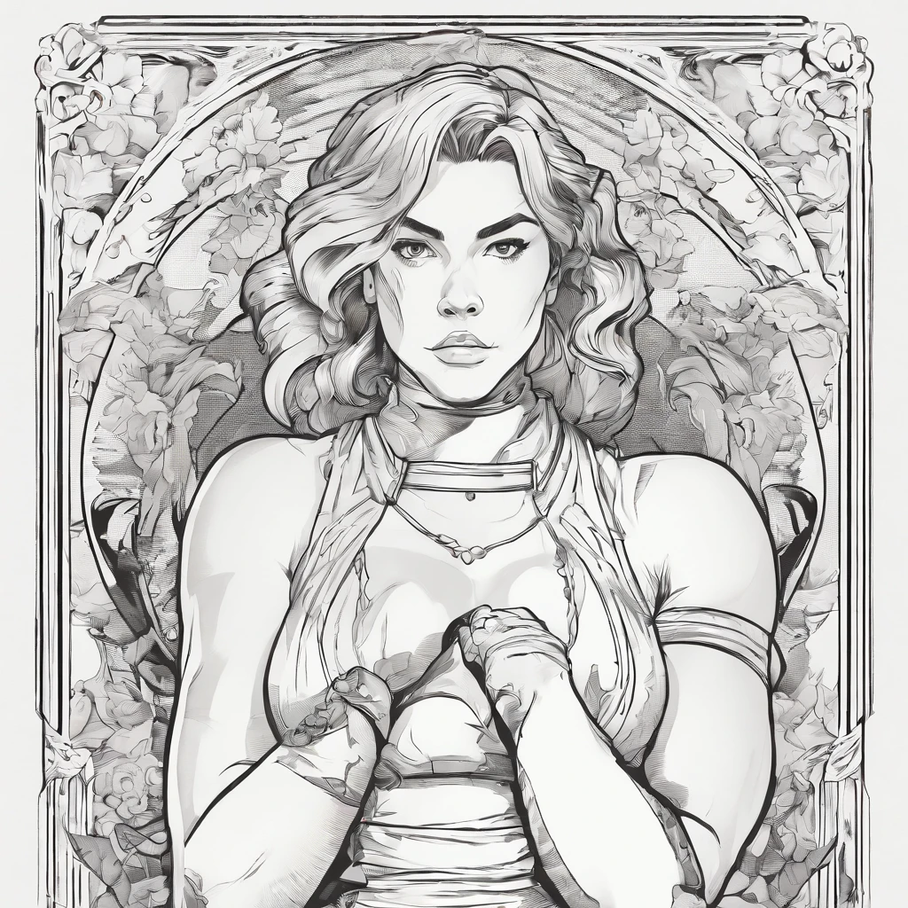 masterpiece, line art of a female character, Florence Pugh shocked expression, detailed country garden background, Art Deco designs,, style by double exposure, no shading, for coloring page, white space, no shadowing,