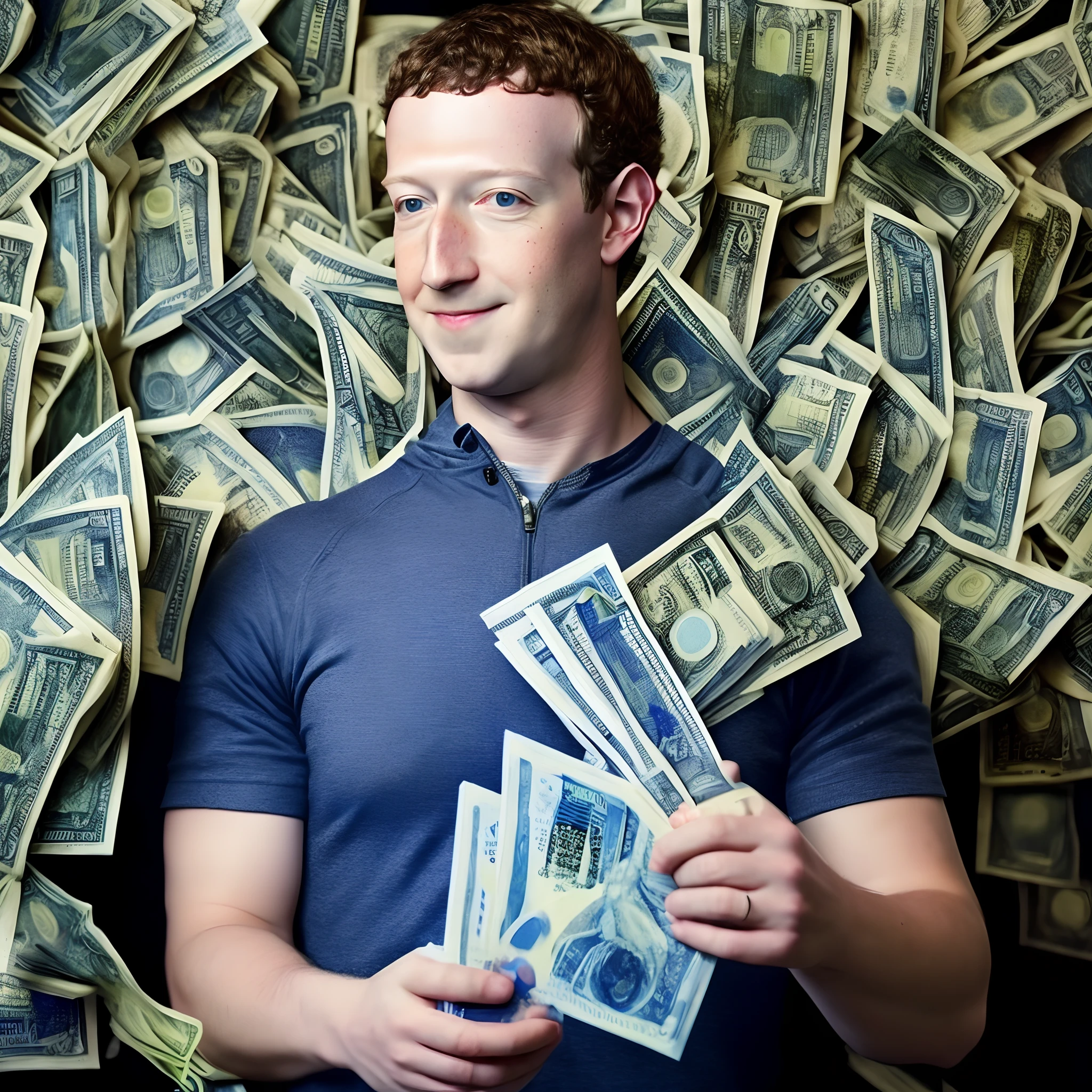 Award-winning photo of Mark Zuckerberg holding cash in hand, olhos olhando para direita (Bokeh: 0,7), side-lighting, Telefoto, fora, tochas, atmosfera arenosa, exterior noturno de rua, detalhes realistas e textura de pele real, roupa azul, Money in your hands