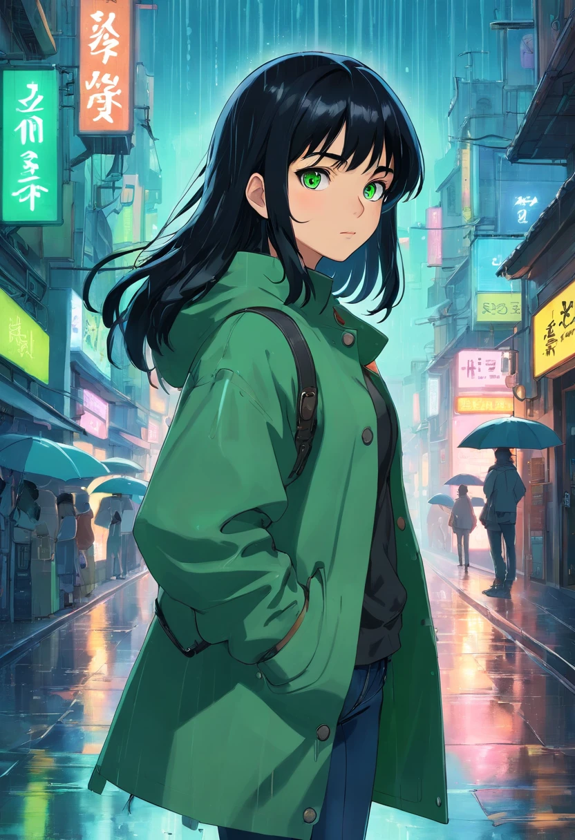 1girl, (masterpiece), black hair, green eyes, coat, black jeans, rain, cyberpunk