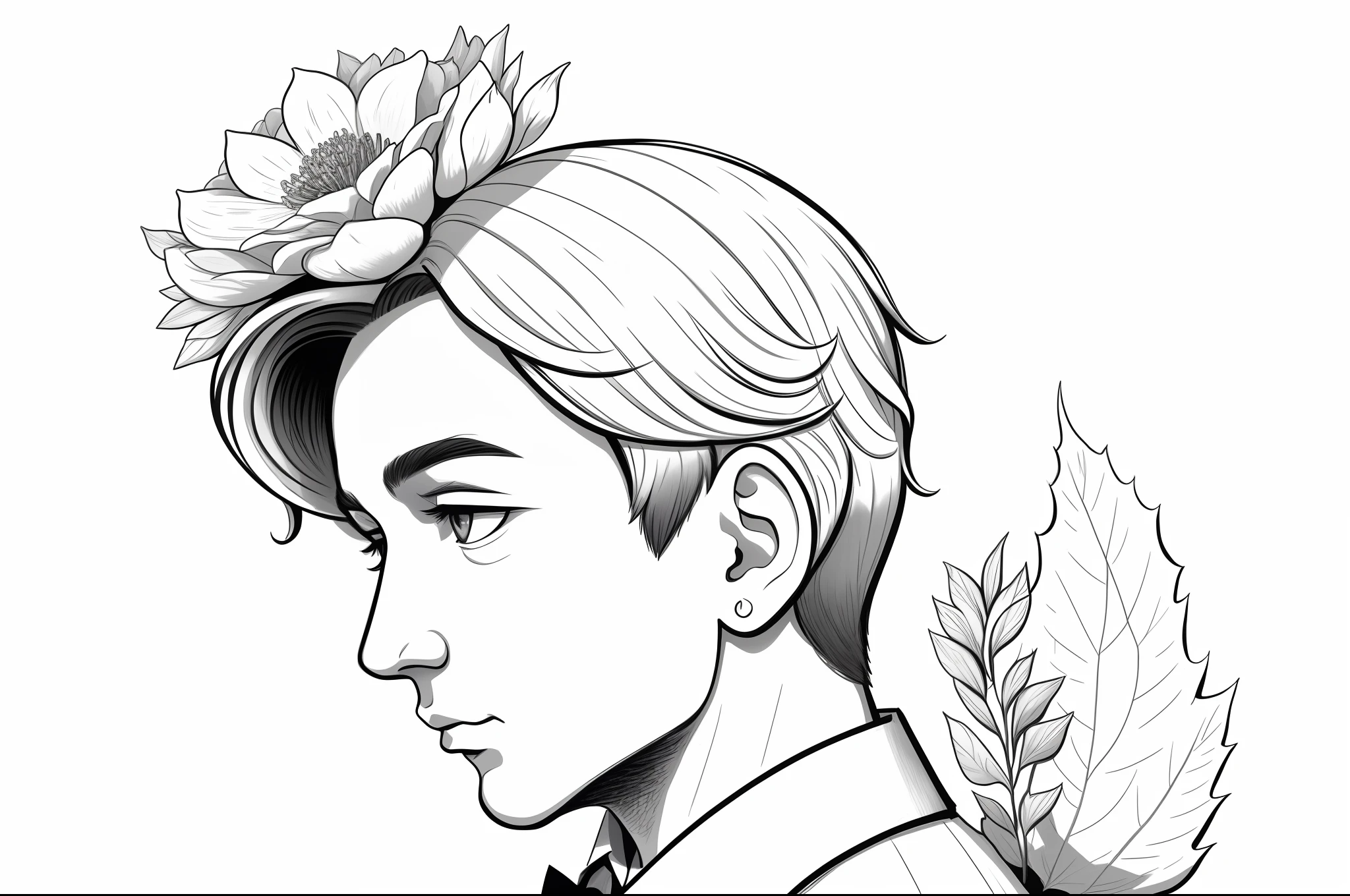 tmasterpiece, superlatif, Oreilles de renard, male , seulement, Gros plan du buste, Flower line drawing background, fond blanc, monochrome, dessin au trait, ((dessin))