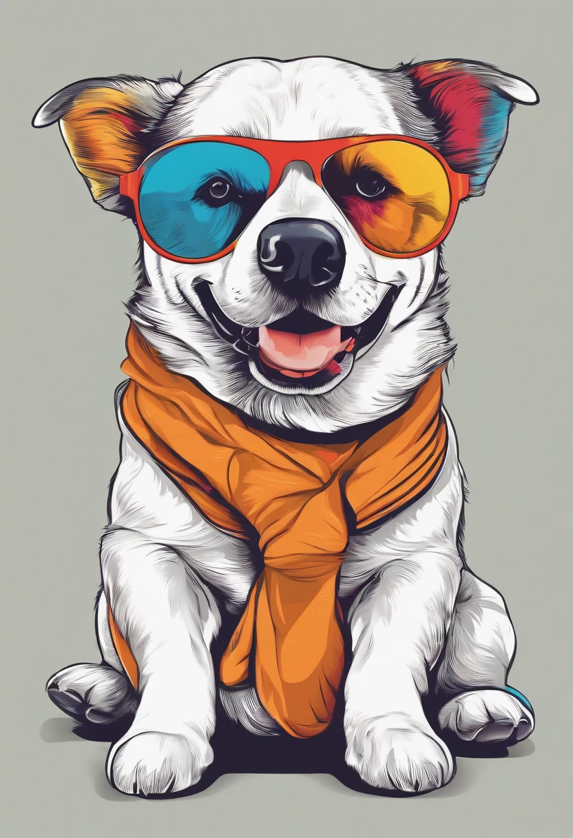 colorido: Graphic vector of a happy cute dog tshirt, wearing sunglasses, design de detalhe, colorido, contorno, fundo branco