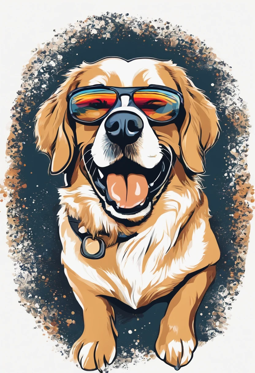 colorido: Graphic vector of a happy cute dog tshirt, wearing sunglasses, design de detalhe, colorido, contorno, fundo branco