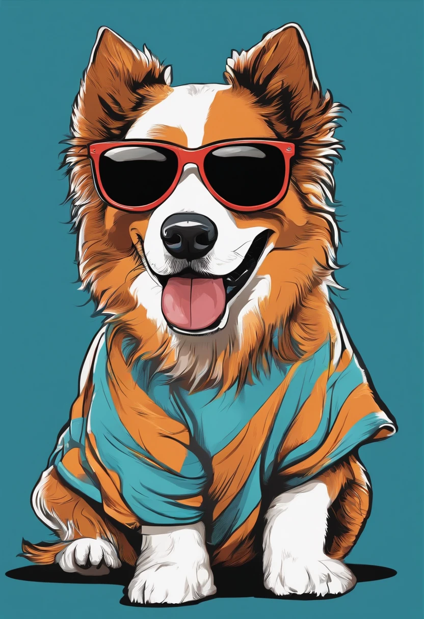 colorido: Graphic vector of a happy cute dog tshirt, wearing sunglasses, design de detalhe, colorido, contorno, fundo branco