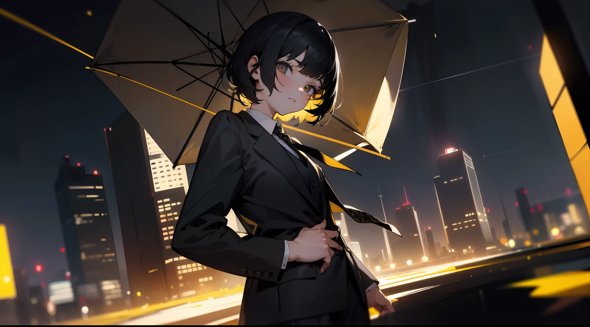 1girl, short black hair, yellow right eye, black left eye, wearing full suit and tie, city, absurdres, high res, ultrasharp, 8K, masterpiece, looking at the side