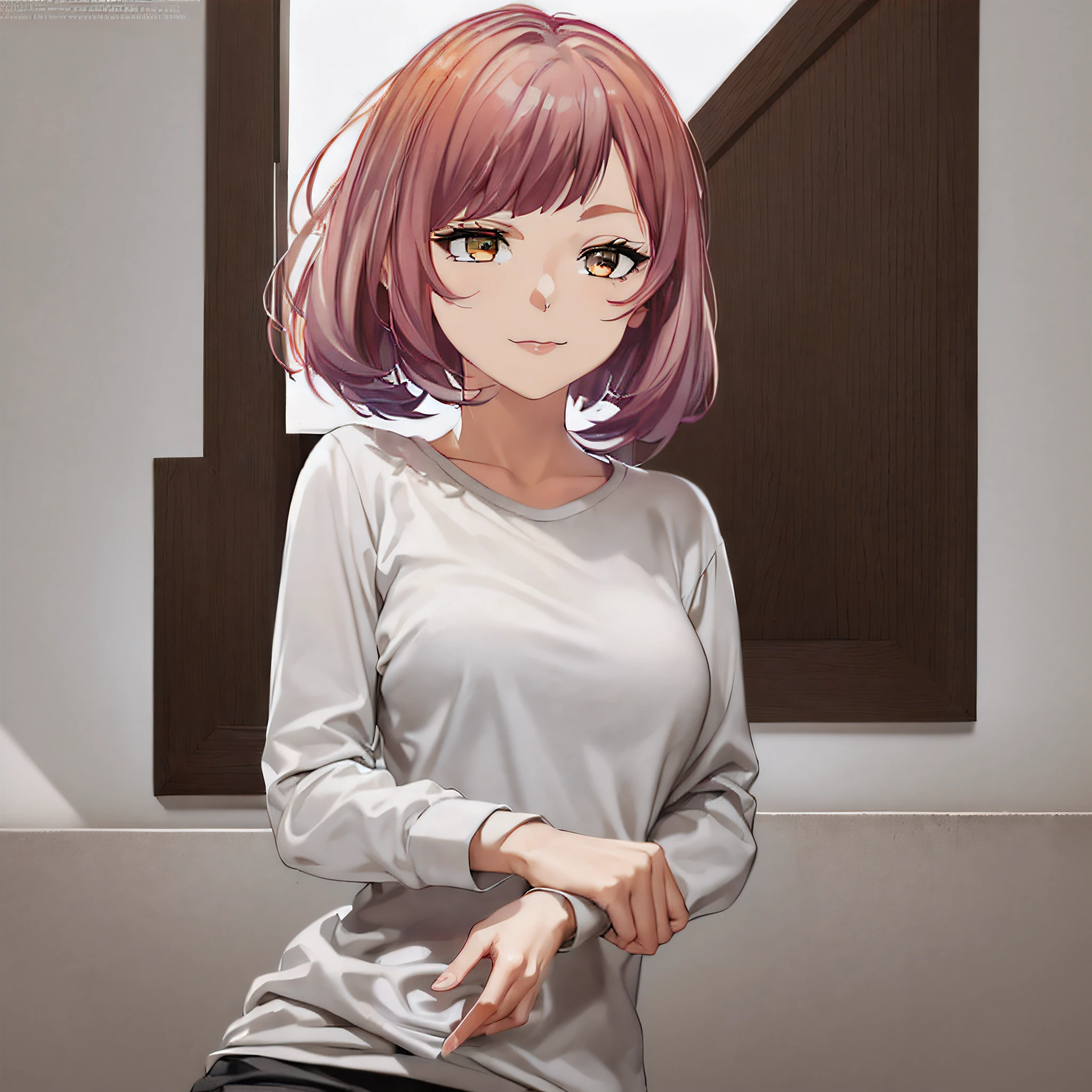 Best quality, masterpiece, ultra high res, (photorealistic:1.4), (((1girl:2))), ((solo:1.2)),((upper body:1.3)),(Make Subject the focal point of the background),(Center the image around),(((masterpiece))), (((best quality))), ((ultra-detailed)), (highly detailed CG illustration), ((an extremely delicate and beautiful)),((Soft off-white t-shirt:1.5)), ((plain t-shirt:1.5)),((long sleeves:1.5)),(Casual T-shirt),((From slight side)), (The side of one arm is visible),(very loose T-shirt:1.2), (plain t-shirt), portrait of an anime girl, t-shirt,(t-shirt without patterns:1.5), ((t-shirt without logo:1.6)), (bronze eyes:1.5), (short hair),(Rose and light orange, purple hair), (bob cut), (bob-cut hair:1.3),looking at viewer,smiling,anime girl with short hair, ((medium breasts:1.3)), (Checked barber-style skirt:1.2),cute natural anime face, detailed anime soft face, cute anime face, flat anime style shading, face anime portrait, made with anime painter studio, semirealistic anime style, perfect anime face, extremely cute anime girl face, high detailed face anime, pretty anime face, semi realistic anime, detailed anime face, hyperdetailed face, ultra fine skin, photorealistic image, Detailed faces, detailed hairs, Detailed eyes,detailed nose, Detailed hands, Sharp images, (8K, Best quality, Masterpiece: 1.2), Professional lighting,(beautiful skin:1.3), beautiful hand, Thin and beautiful hands