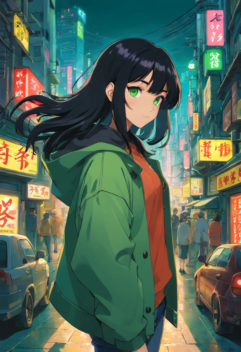 A woman in a green jacket standing on a city street - SeaArt AI