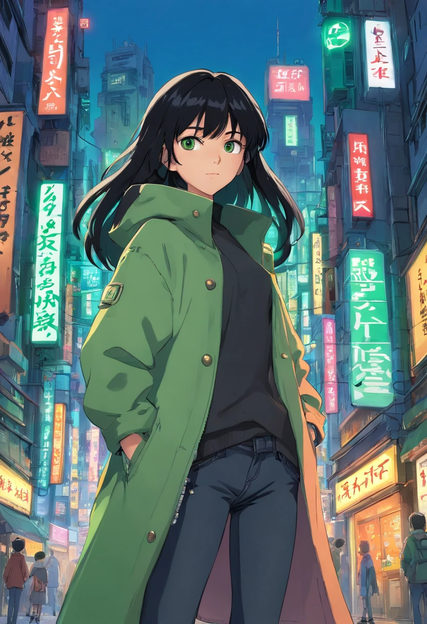 1girl, (masterpiece), black hair, green eyes, coat, black jeans, cyberpunk city