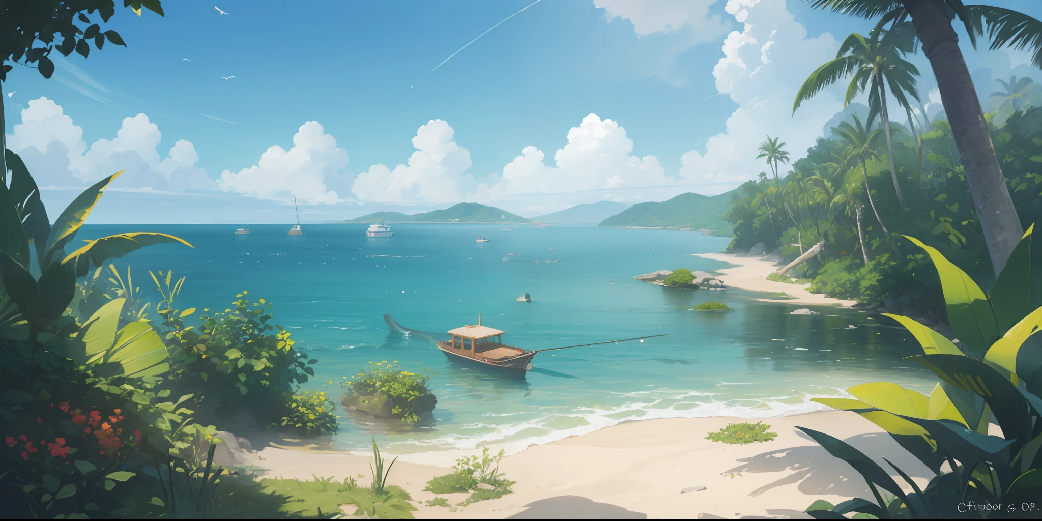 ((Landscape of a fish in oil painting)), clear water, underwater focus, detailed illustration, hazy field of view, high-quality texture, photographic reflections and solar particles in water, high shading, sea sand and detailed watercolor plants in 8k, HD shadows
