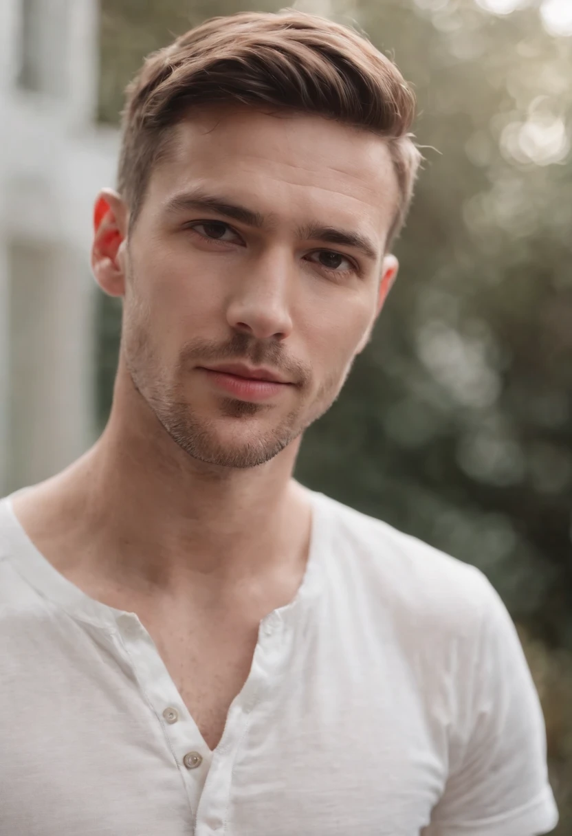 um homem com um colar e vestindo camiseta, Standing facing min, de um fundo branco,