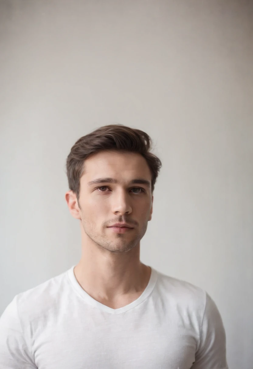 um homem com um colar e vestindo camiseta, Standing facing min, de um fundo branco,