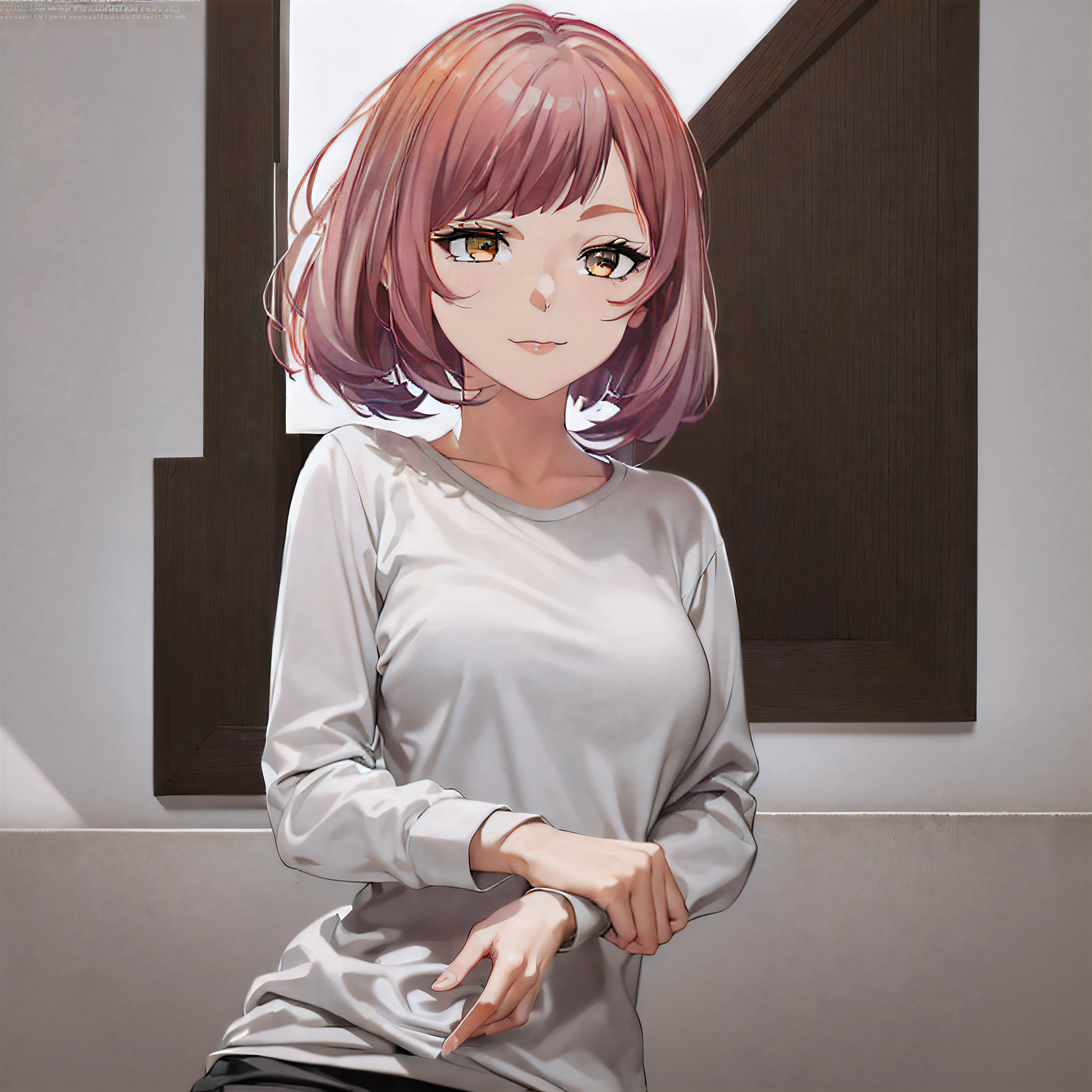 Best quality, masterpiece, ultra high res, (photorealistic:1.4), (((1girl:2))), ((solo:1.2)),((upper body:1.3)),(Make Subject the focal point of the background),(Center the image around),(((masterpiece))), (((best quality))), ((ultra-detailed)), (highly detailed CG illustration), ((an extremely delicate and beautiful)),((Soft off-white t-shirt:1.5)), ((plain t-shirt:1.5)),((long sleeves:1.5)),(Casual T-shirt),((From slight side)), (The side of one arm is visible),(very loose T-shirt:1.2), (plain t-shirt), portrait of an anime girl, t-shirt,(t-shirt without patterns:1.5), ((t-shirt without logo:1.6)), (bronze eyes:1.5), (short hair),(Rose and light orange, purple hair), (bob cut), (bob-cut hair:1.3),looking at viewer,smiling,anime girl with short hair, ((medium breasts:1.3)), (Checked barber-style skirt:1.2),cute natural anime face, detailed anime soft face, cute anime face, flat anime style shading, face anime portrait, made with anime painter studio, semirealistic anime style, perfect anime face, extremely cute anime girl face, high detailed face anime, pretty anime face, semi realistic anime, detailed anime face, hyperdetailed face, ultra fine skin, photorealistic image, Detailed faces, detailed hairs, Detailed eyes,detailed nose, Detailed hands, Sharp images, (8K, Best quality, Masterpiece: 1.2), Professional lighting,(beautiful skin:1.3), beautiful hand, Thin and beautiful hands