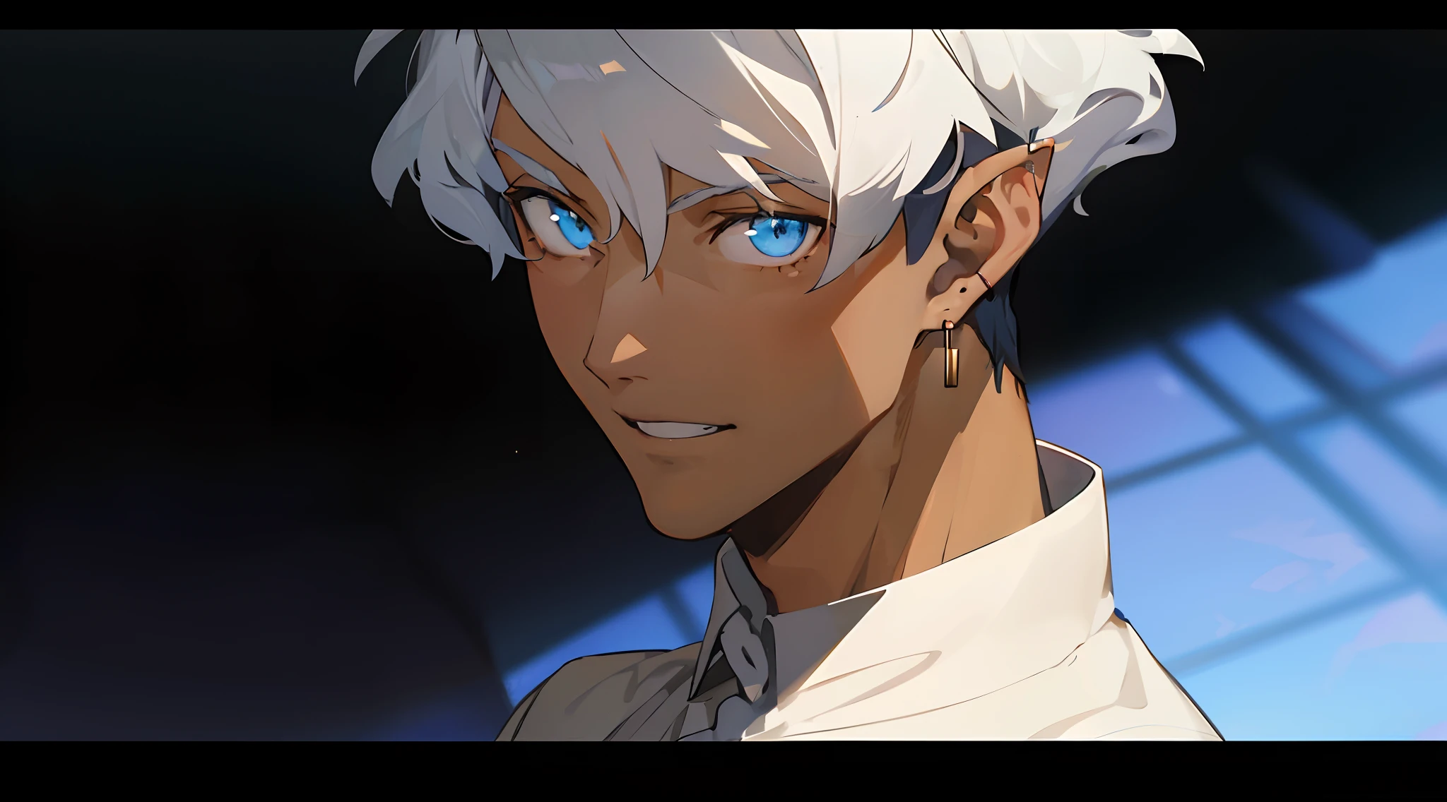 Handsome mature man , blue eyes , elf ears , brown skin , white hair , very short hair , wavy hair , hoop earrings , lean body type , mature man, pointed ears