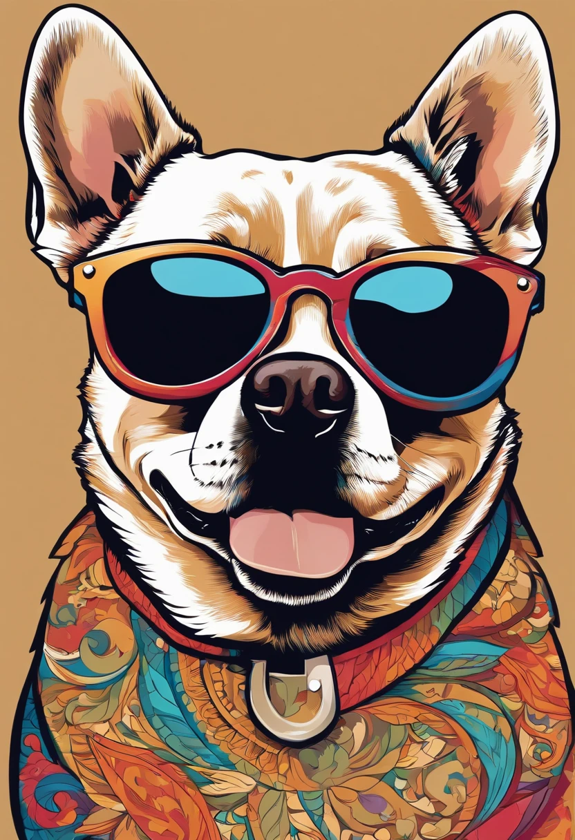 colorido: Graphic vector of a happy cute dog tshirt, wearing sunglasses, design de detalhe, colorido, contorno, fundo branco
