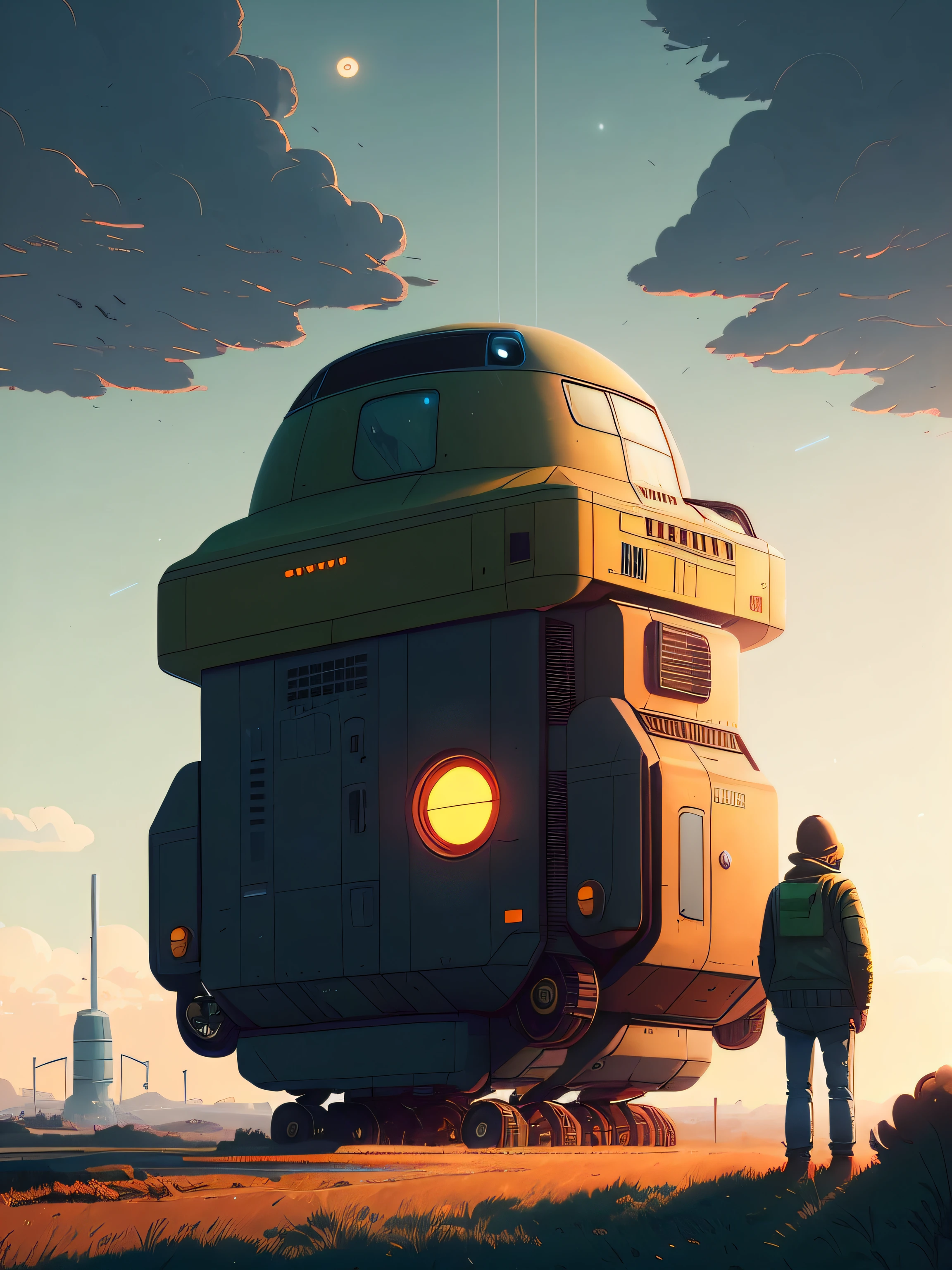 Illustration of a giant robot with a man standing in front of it, simon stålenhag. arte digital, inspired by Simon Stålenhag, Android Jones e RHADS, sci-fi illustrations, sci - fi illustrations, Directed by: simon stålenhag, evil robot, Beeple e Jean Giraud, Beeple e Greg Rutkowski