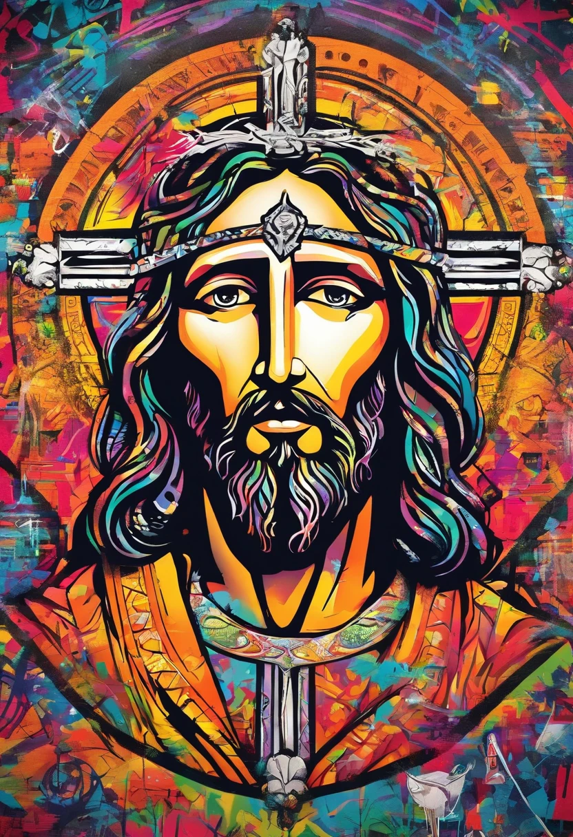 Jesus segurando martelo, perdonagem estilo grafitti.