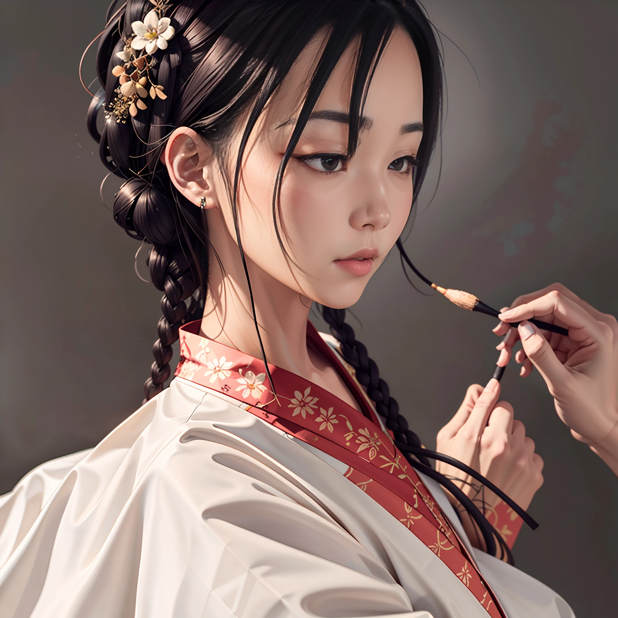 Masterpiece, Acura, 1fille, solo, Hanfu, cheveux longs, Close-up view of the profile, Background for drawing a flower line, fond blanc, monochrome, dessin au trait, ((dessin))