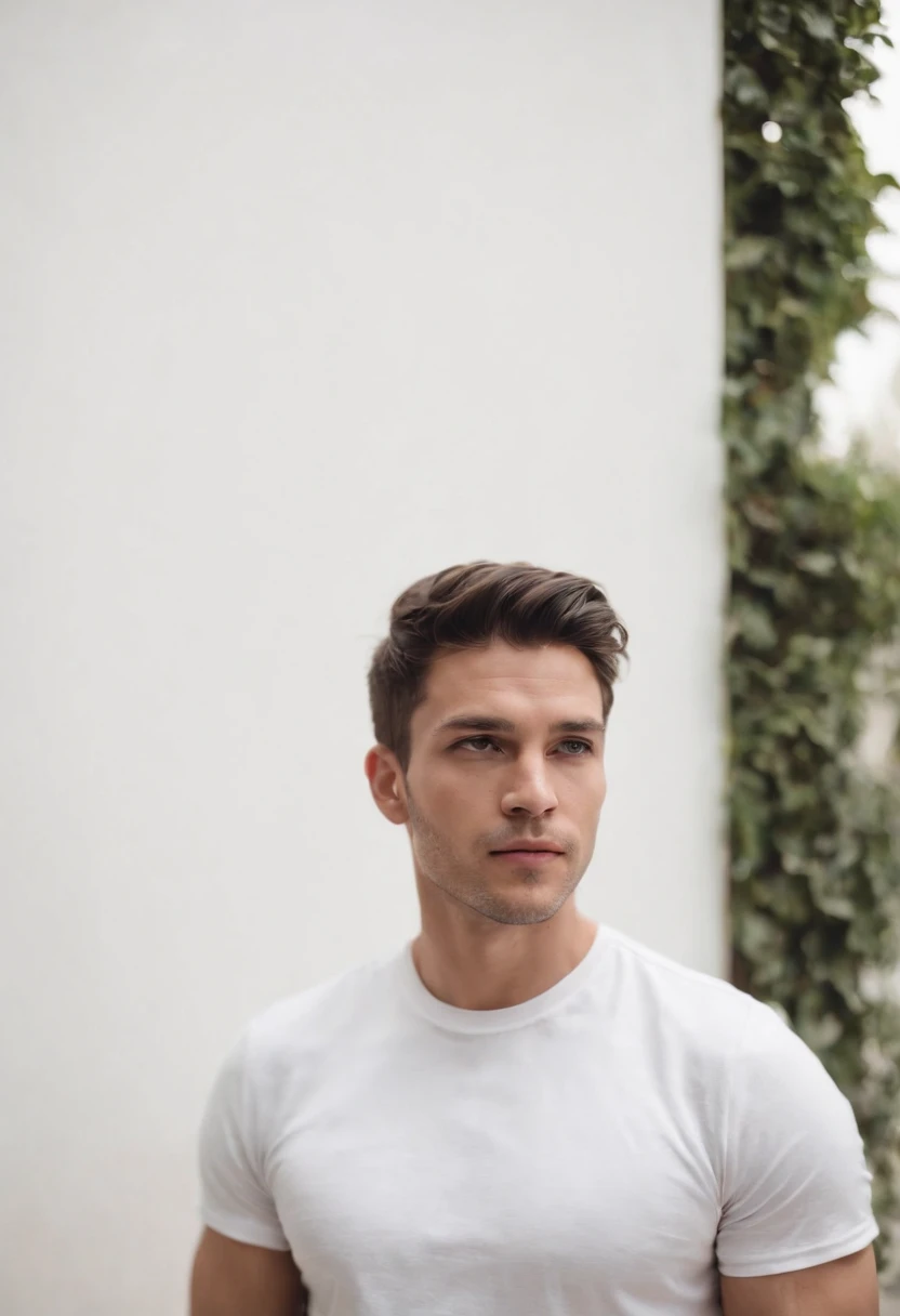 um homem vestindo um colar e vestindo camiseta, Standing facing min, de um fundo branco no estilo manequim