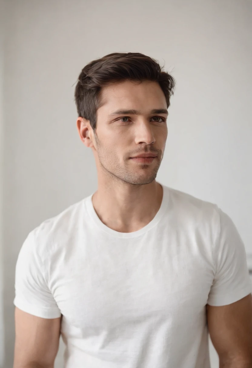 um homem vestindo um colar e vestindo camiseta, Standing facing min, de um fundo branco no estilo manequim