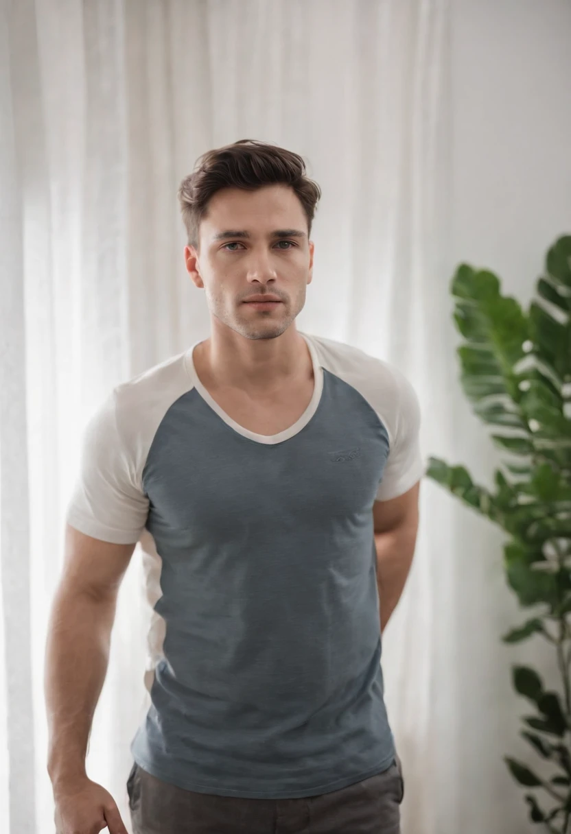 um homem vestindo um colar e vestindo camiseta, Standing facing min, de um fundo branco no estilo manequim