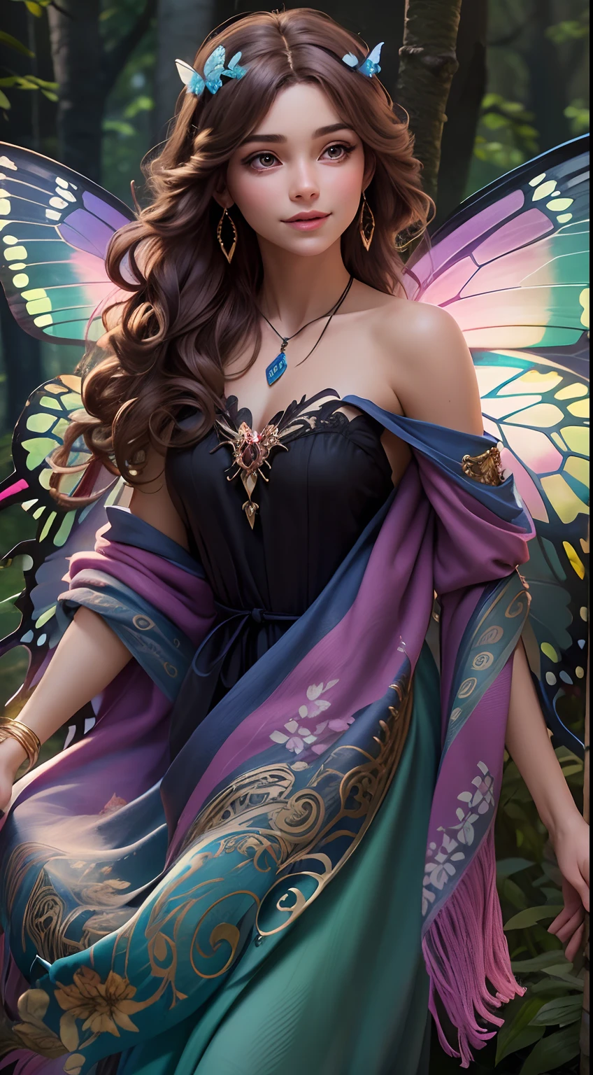 (((masterpiece))), (((ornate))), (((best quality))), ((ultra-detailed)), (highly detailed CG illustration), ((an extremely delicate and beautiful)), cinematic light. Create a stunning fantasy artwork that mimics the style of currently trending masters of the genre. The art piece should contain rich and ornate elements of both mythic fantasy and fairytale fantasy with colorful rainbow accents and dark jewel-toned hues. ((Utilize the rainbow as the main color scheme.)) The character in the artwork is a delicate but strong petite figure with an aura of mystery and magic. Pay close attention to intricate facial features, such as mesmerizing eyes with vibrant colors and bold shading. The character's clothing should be designed with gossamer feathers, silk, stunning embroidery, and subtle iridescent details. Incorporate (((translucent iridescent rainbows))), dreamy colors, dynamic lighting, and detailed background elements to create a sense of awe and immersion. ((Include colorful flying magical birds and jewel-toned rainbow butterflies radiating a magical aura.)) Consider the latest trends in fantasy art, such as incorporating unique lighting effects, exploring dynamic and compelling composition techniques, and experimenting with unique color palettes. Take inspiration from the top artists on ArtStation and Midjourney. Camera: Choose an angle that highlights the character's beauty and enhances the magical majesty of the artwork. Lighting: Utilize atmospheric lighting techniques to create depth and mood. Resolution: Aim for a high-resolution artwork to showcase intricate details and clarity. Art Inspirations: Seek inspiration from the trending artists on ArtStation, exploring different styles, genres, and themes.