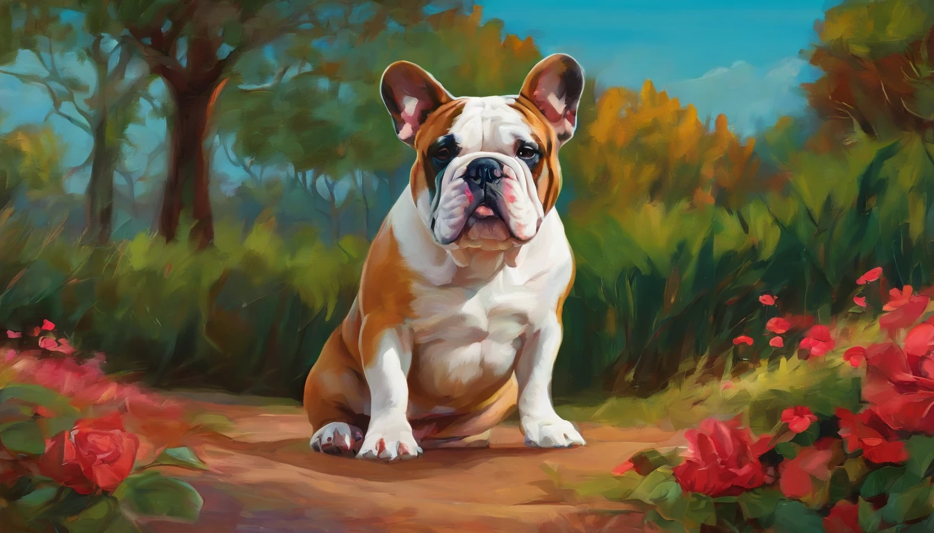 wallpaper , Um bulldog  maluco, digital illustation, Por Erin Hanson, oil paint, vivid colors , Aquarela, trending on ArtStation, foco nítido, Studio photo, detalhes intrincados, altamente detalhado, Directed by: Greg Rutkowski