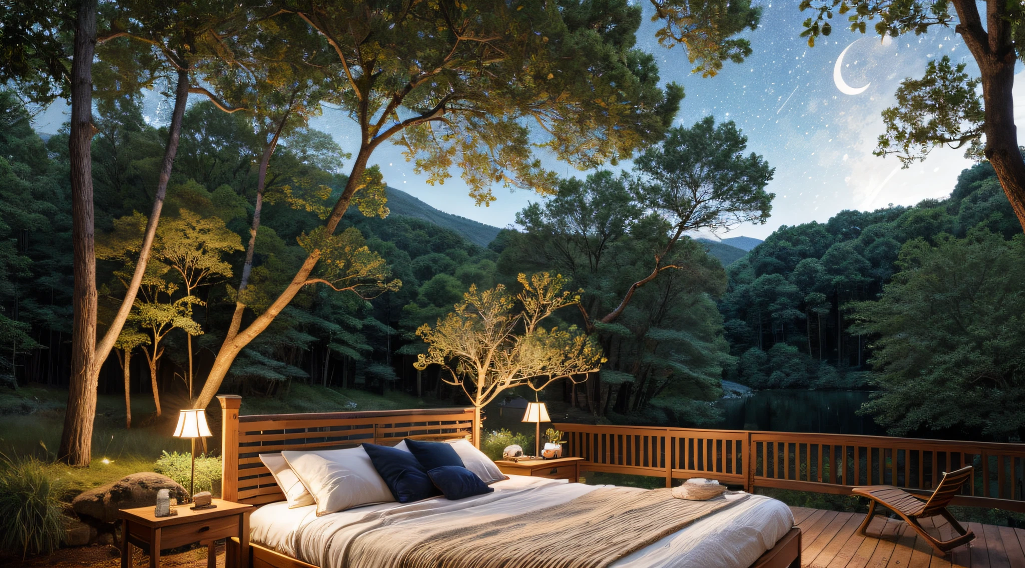 Generate a serene and peaceful scene of a regular bedroom bed placed incongruously in the middle of a clear forest. The forest is bathed in moonlight, with gentle beams illuminating beautiful tree trunks and branches adorned with leaves. The night sky is adorned with stars, casting a soft, calming glow over the entire scene. The image should evoke a strong sense of tranquility and serenity