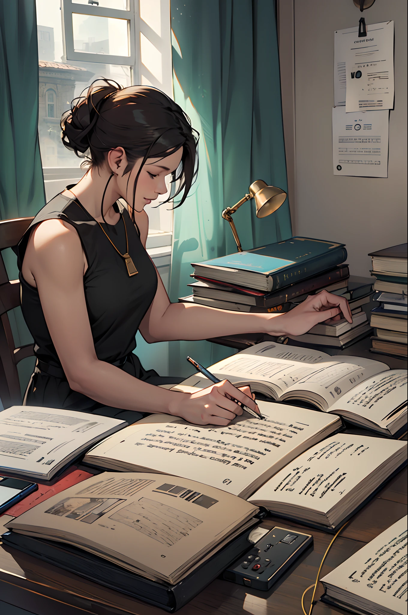 Dentro de seu acolhedor quarto, a person is immersed in a night of study, where music becomes the soundtrack of your learning. The curtains are partially closed, letting in a soft moonlight that creates dancing shadows on the walls. A desk lamp casts a warm glow over the desk filled with books, notes and a laptop. The person is sitting comfortably in his chair, os fones de ouvido encaixados delicadamente nos ouvidos, connecting her to the sonic world of her chosen music. A faint smile adorns her lips as she immerses herself in her studies, Finding inspiration in the notes that fill the air. Os dedos se movem de maneira coordenada, Switching between the laptop keyboard and the notes page, Keeping up with the rhythm of the music. The sound of the music flows with a smooth harmony, criando uma atmosfera envolvente. Cada nota parece elevar a mente da pessoa, proporcionando um impulso de energia e foco. She gently shakes her head at the beat of the music, as if in his own world, oblivious to the worries on the outside. Music acts as a motivating force, making study hours more enjoyable and inspiring. Os acordes e letras se misturam com a atmosfera tranquila do quarto, creating a personal symphony that propels the person to absorb knowledge and get lost in the mysteries of learning. This scene depicts the unique fusion between solitary study and music, where the intimate environment of the bedroom turns into a stage of learning, And music becomes the fuel that propels one's mind and spirit to achieve one's academic goals. HDR,8k,Hiper realista,Beautiful soft light studio,detalhes vibrantes,Anatomical,elegante,foco nítido,Studio photo,trends on artstation,hiper detalhado,filtro polarizador --auto --s2