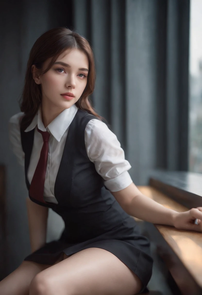 ultra realistic 8k cg, picture-perfect face, flawless, clean, masterpiece, professional artwork, famous artwork, perfect face, beautiful face, beautiful eyes, ((perfect female body)), solo,(immersive atmosphere, chiaroscuro:1.5,bright light:1.2,luminous lighting)
,,(blush:0.5),seductive expression,extremely detailed_eyes,thick thighs,large breasts,
beautifully detailed background,depth of field,realistic:1.3, long shot,1girl,shirt,pleated skirt, school uniform, sitting, full body,
(ambient light:1.3),(cinematic composition:1.3),(neon lights:0.1),(HDR:0.1),Accent Lighting, white pantyhose,
