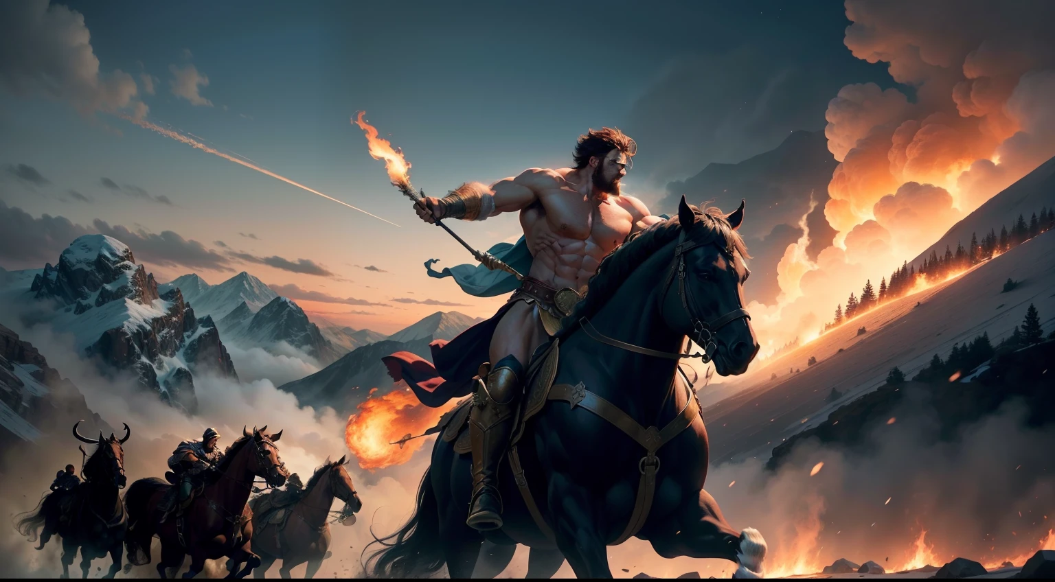 Generate an image that captures the heroic spectacle of Hercules leading a fierce and one-man charge against a massive army, mountains in the background, night, fire