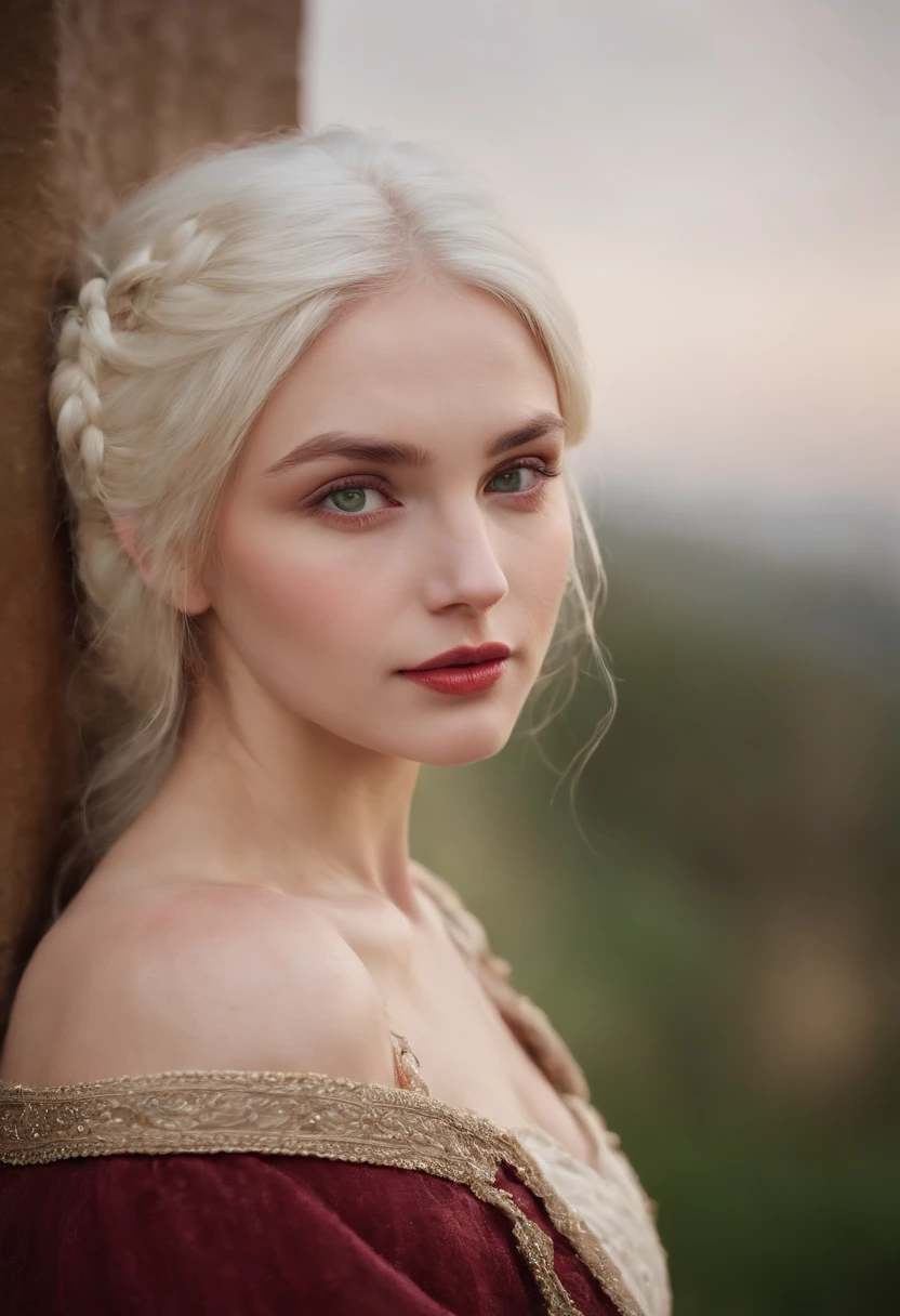 (((a deep reddish wound crosses her left cheek))) fair complexion, woman around 19 years old, natural white hair, distinctive green eyes, wearing kohl, slender and graceful, beautiful, candlelight in a medieval setting, ultra sharp focus, realistic shot, medieval female clothes, tetradic colors (scar:1.4)
