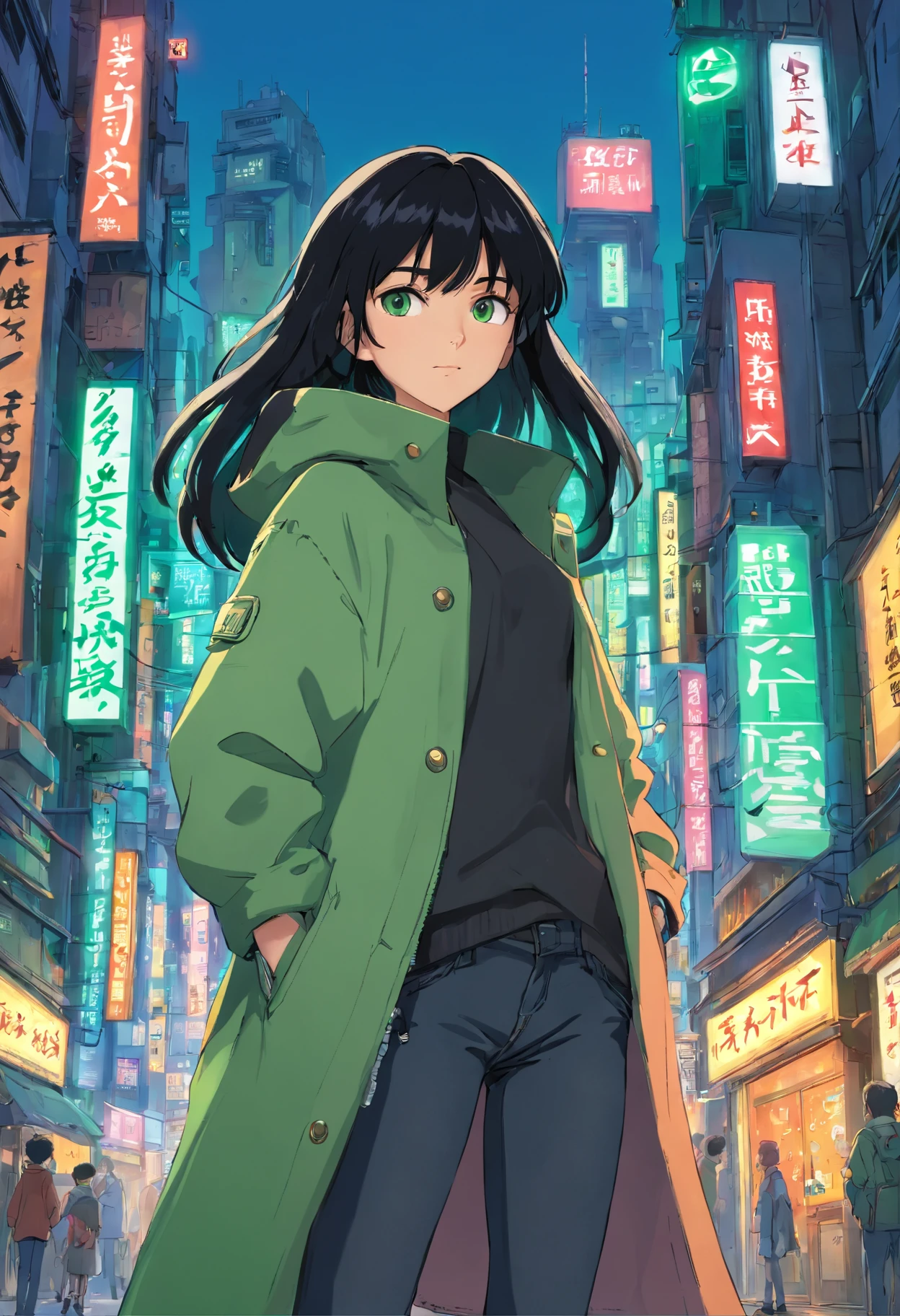 1girl, (masterpiece), black hair, green eyes, coat, black jeans, cyberpunk city