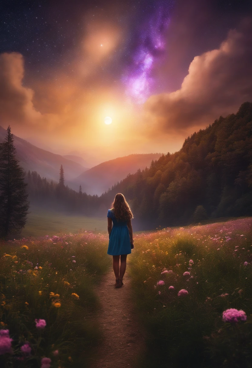 Vast landscape photo, (viewed from below, the sky is above and the open field is below), a girl standing on a flower field looking up, (full moon: 1.2), (meteor: 0.9), (nebula: 1.3), distant mountains , Trees BREAK Crafting Art, (Warm Light: 1.2), (Fireflies: 1.2), Lights, Lots of Purple and Orange, Intricate Details, Volumetric Lighting, Realism BREAK (Masterpiece: 1.2), (Best Quality), 4k, Ultra-Detailed, (Dynamic Composition: 1.4), Very Detailed, Colorful Details, (Rainbow Colors: 1.2), (Glow Lighting, Atmospheric Lighting), Dreamy, Magical, (Solo: 1.2)