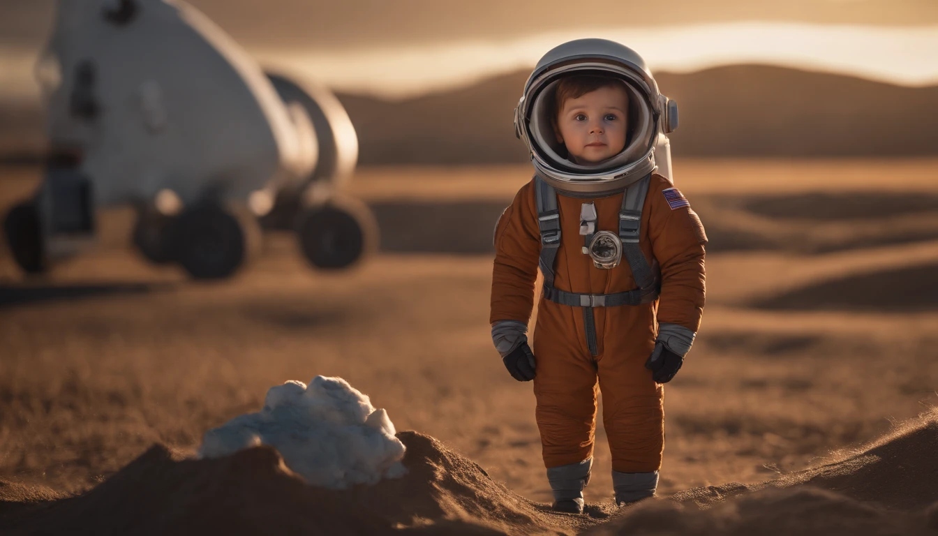 backpack boy, male , brown messy hair, astronaut outfit, brown planet, friendly aliens gray with white, humanoid shape, in the sky only space and rocket star parked in the background, anime, super super realistic.