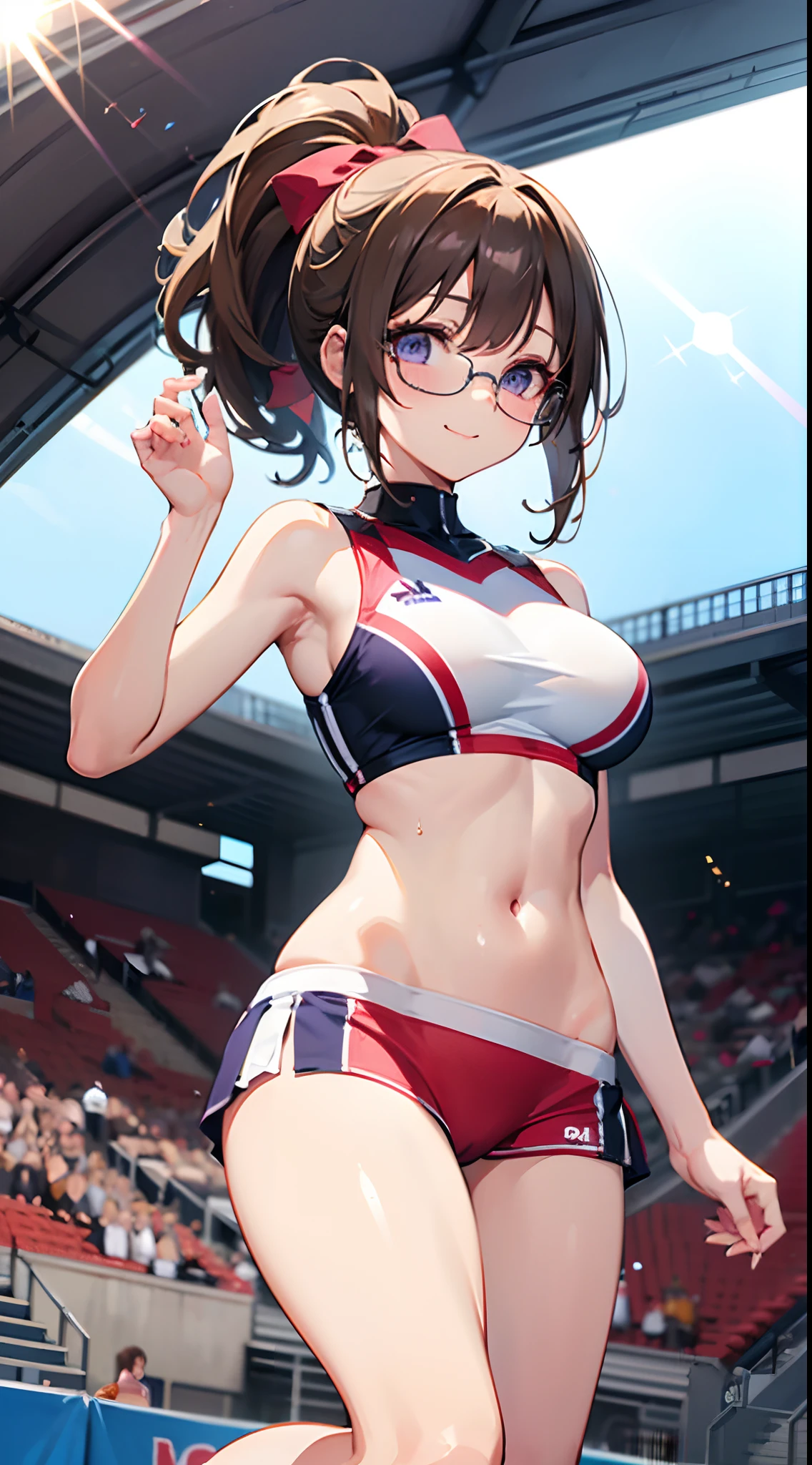 ((masutepiece)), ((Best Quality)), (Ultra-detailed), ((kawaii)), Cute, (lovely), ((Sexy)), (Ero), ((Extremely detailed)), 4K, (8K), Best Quality, (Beautiful), Anime style, Upper body, raise a hand, from below looking up, Colorful, full body focus, Football Stadium , a lot of spectators, Beautiful sky, Daytime, Cute little girl s, 1girl in, Solo, cheer girl, cheering, Beautiful light brown hair, Beautiful purple eyes, ((Beautiful eyes)), White-skinned, Ponytail, Transparent hair, translucent hair, large full breasts, Glasses, Smile, Lens Flare, Wind-effect, shiny-glistening, gleaming