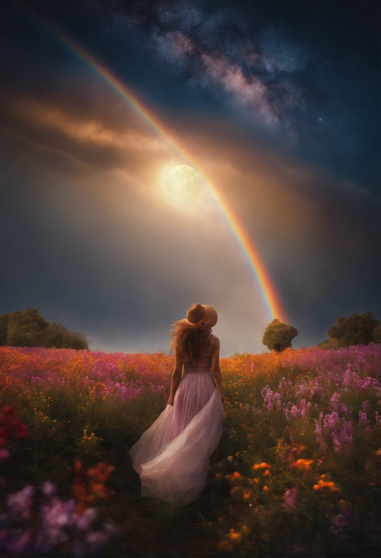 Vast landscape photo, (viewed from below, the sky is above and the open field is below), a girl standing on a flower field looking up, (full moon: 1.2), (meteor: 0.9), (nebula: 1.3), distant mountains , Trees BREAK Crafting Art, (Warm Light: 1.2), (Fireflies: 1.2), Lights, Lots of Purple and Orange, Intricate Details, Volumetric Lighting, Realism BREAK (Masterpiece: 1.2), (Best Quality), 4k, Ultra-Detailed, (Dynamic Composition: 1.4), Very Detailed, Colorful Details, (Rainbow Colors: 1.2), (Glow Lighting, Atmospheric Lighting), Dreamy, Magical, (Solo: 1.2)