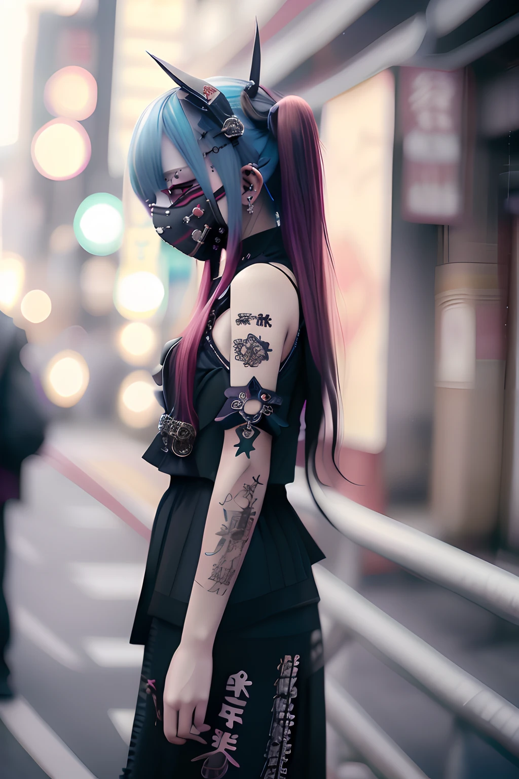 miku hatsune、long、long、masks、Sleeveless、The tattoo、bright red、Really red、Red、Red-haired、rot、red hairs、head phone、🎧、goth_punk, 1girl in, 独奏, medium shot, Walking in Harajuku, ((during night)), bokeh dof, Neon light, Iridescent eyes, starrysky, red glowing hair, Black eyebrows, Radiant hair, (iridescent red hair), 耳Nipple Ring, bangss, jewely, masks, bluntbangs, verd s eyes, Mouth mask, blurry backround, bblurry, hair adornments, Look at viewers, shorth hair, portraitures, side locks