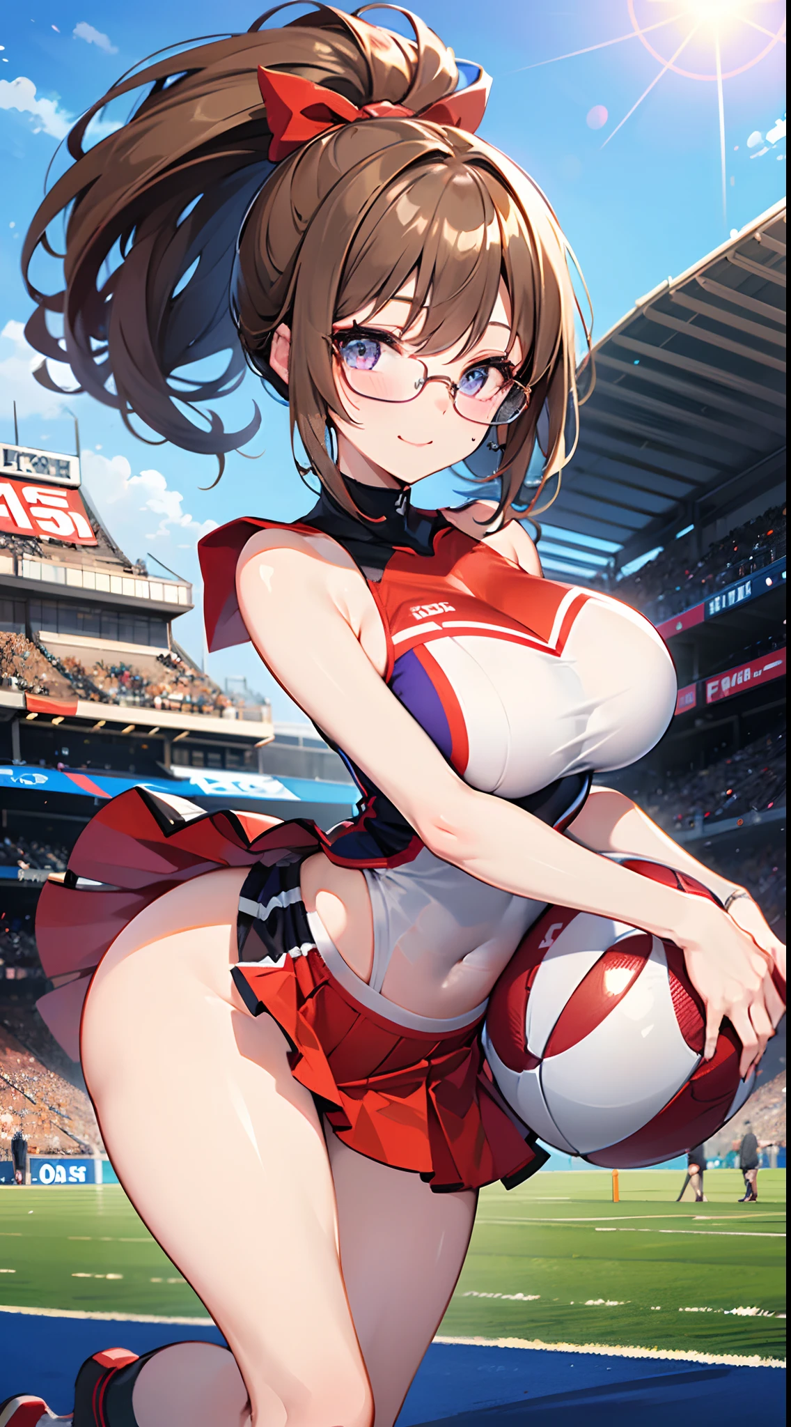 ((masutepiece)), ((Best Quality)), (Ultra-detailed), ((kawaii)), Cute, (lovely), ((Sexy)), (Ero), ((Extremely detailed)), 4K, (8K), Best Quality, (Beautiful), Anime style, Upper body, raise a hand, from below looking up, Colorful, full body focus, Football Stadium , a lot of spectators, Beautiful sky, Daytime, Cute little girl s, 1girl in, Solo, cheer girl, cheering, Beautiful light brown hair, Beautiful purple eyes, ((Beautiful eyes)), White-skinned, Ponytail, Transparent hair, translucent hair, large full breasts, Glasses, Smile, Lens Flare, Wind-effect, shiny-glistening, gleaming