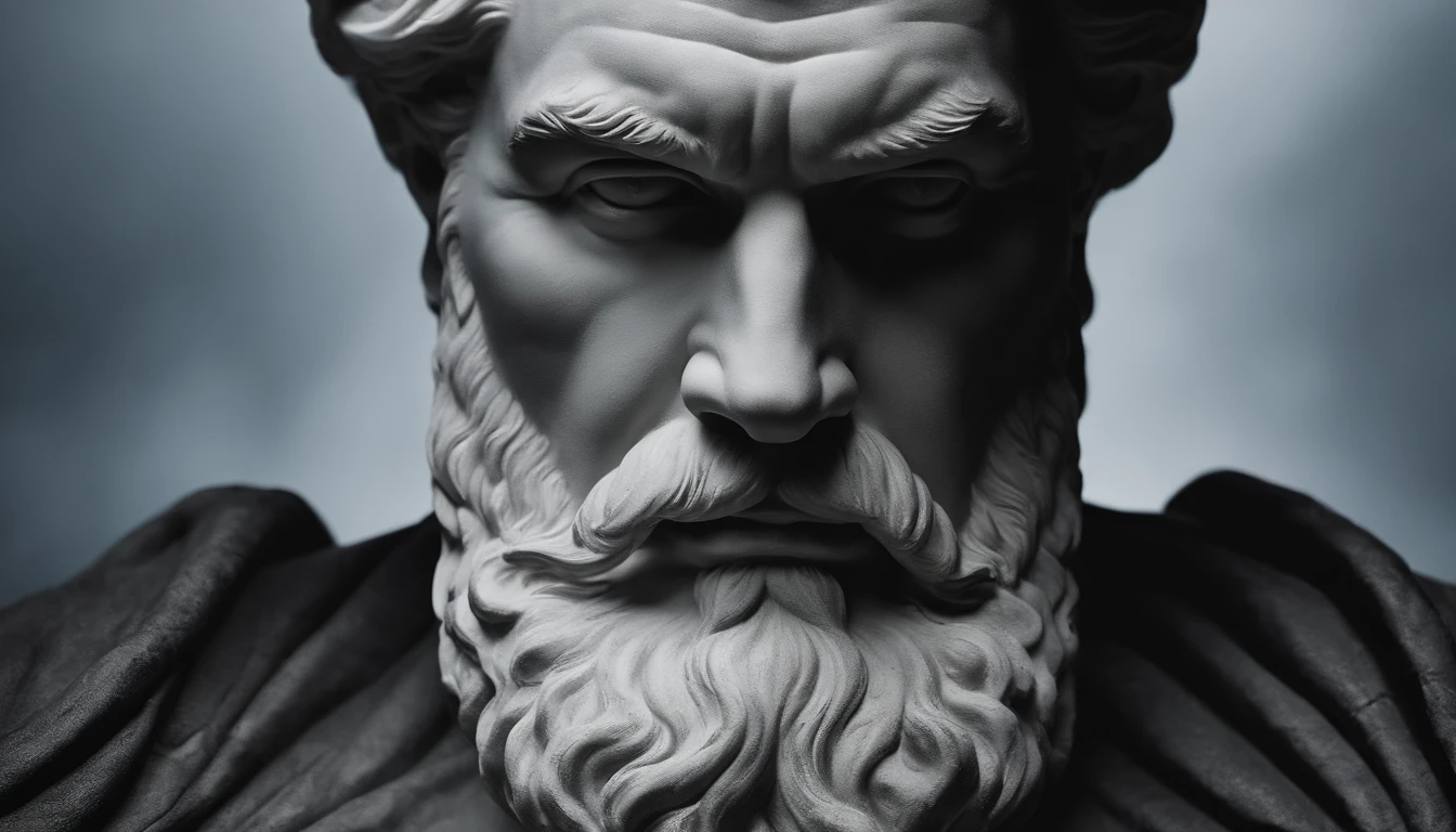 A white marble statue of a muscle, Bearded man with a stern look in a dark square at night, in the style of photographers Annie Leibovitz and Peter Lindbergh.