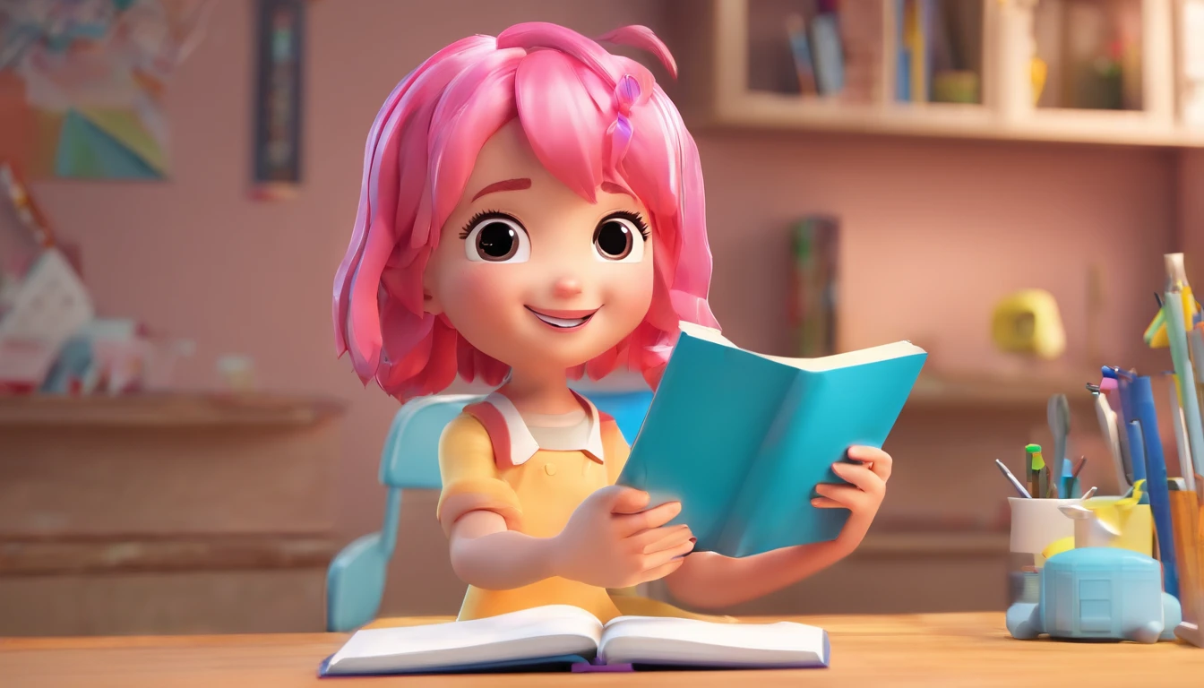 Ultra HD, 3D, chibi-style, happy girl with pink hair holding a notebook