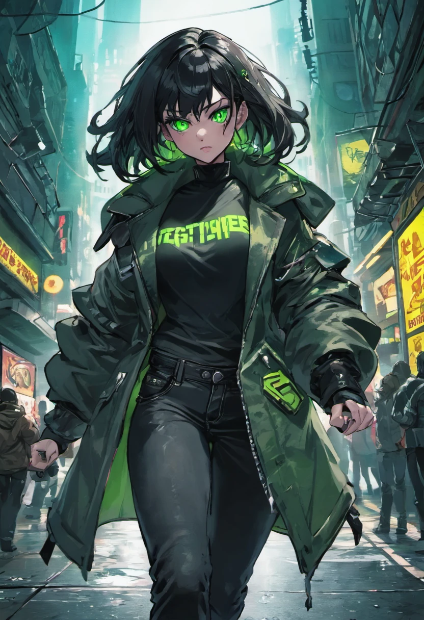 1girl, (masterpiece), black hair, green eyes, coat, black jeans, cyberpunk city