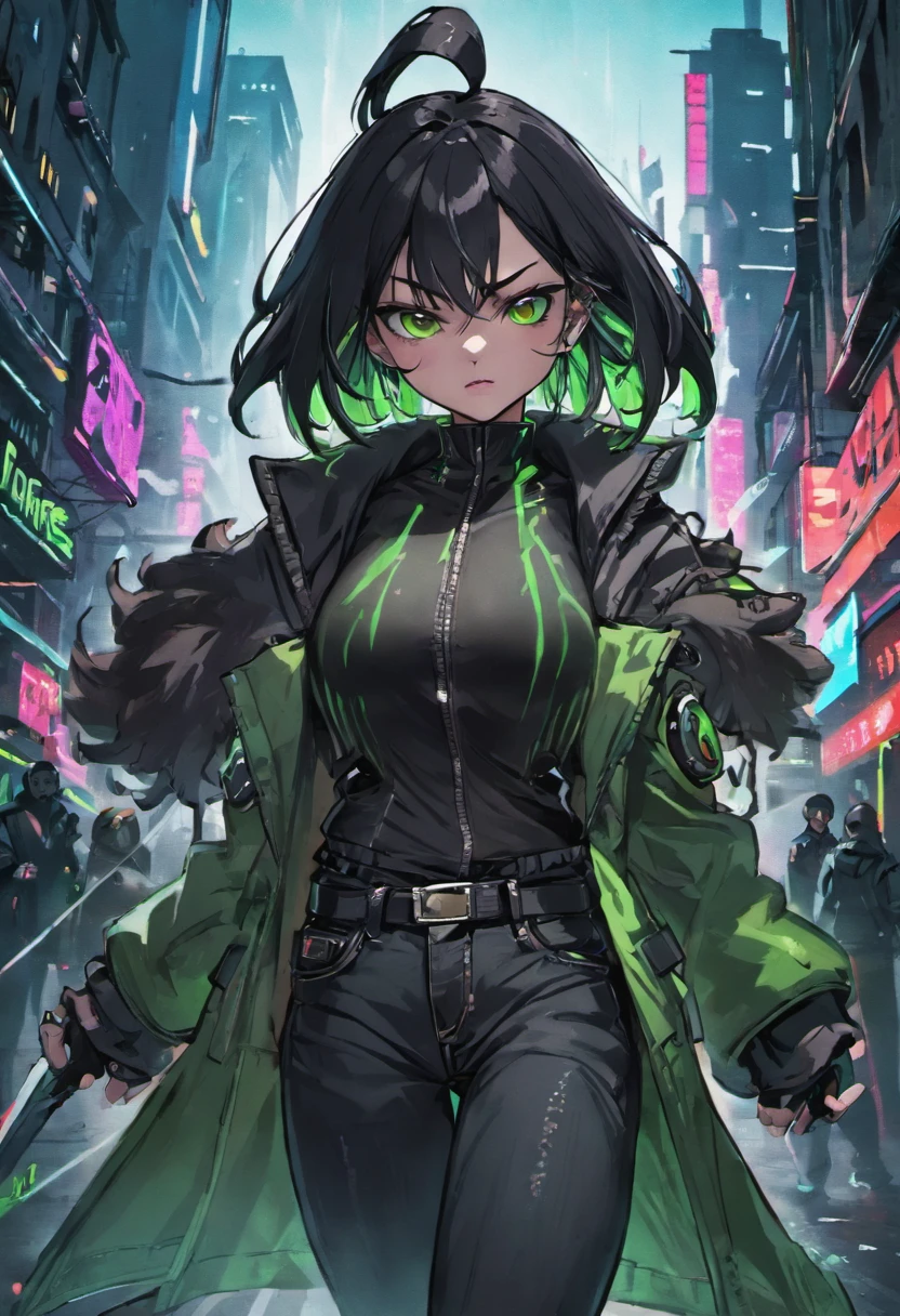 1girl, (masterpiece), black hair, green eyes, coat, black jeans, cyberpunk city
