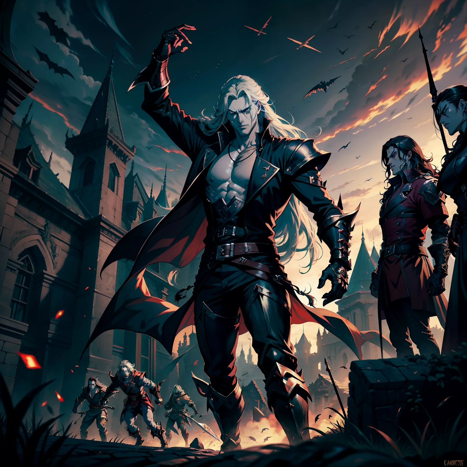 Castlevania Shadow Lord hyper realistic super detailed Dynamic cinematic scenes of men in battle Lord Dracula leading troops army of demons to battle