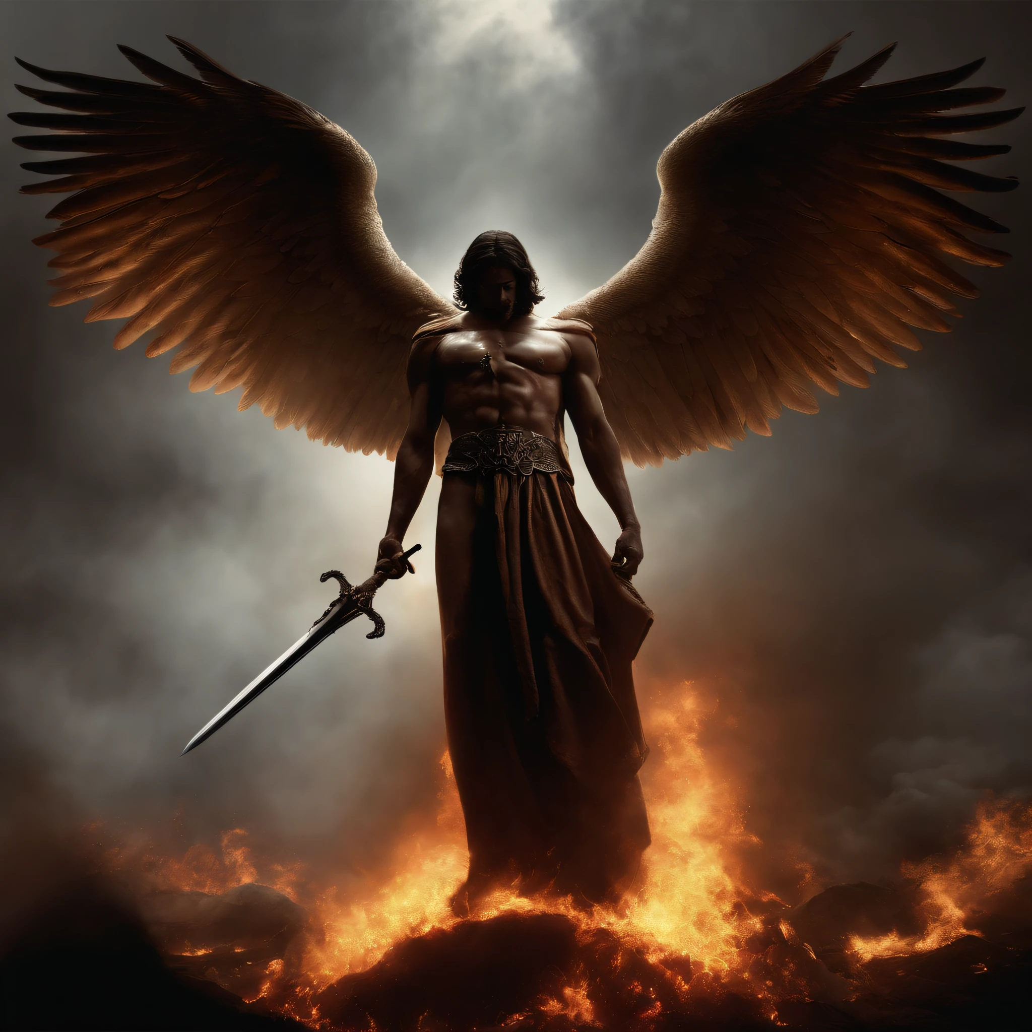 an image of an angel with a sword standing in hell, Anjo no inferno, arcanjo, angels vs demons, angel watching demon, angels and demons, anjo protegendo o homem, Arcanjo Miguel, O Anjo da Morte, Battle between angels and demons, anjo super largo, epic angel wings, angels protecting a praying man, necessidade humana anjo da morte. ((imagem epica)), ((alta qualidade))
