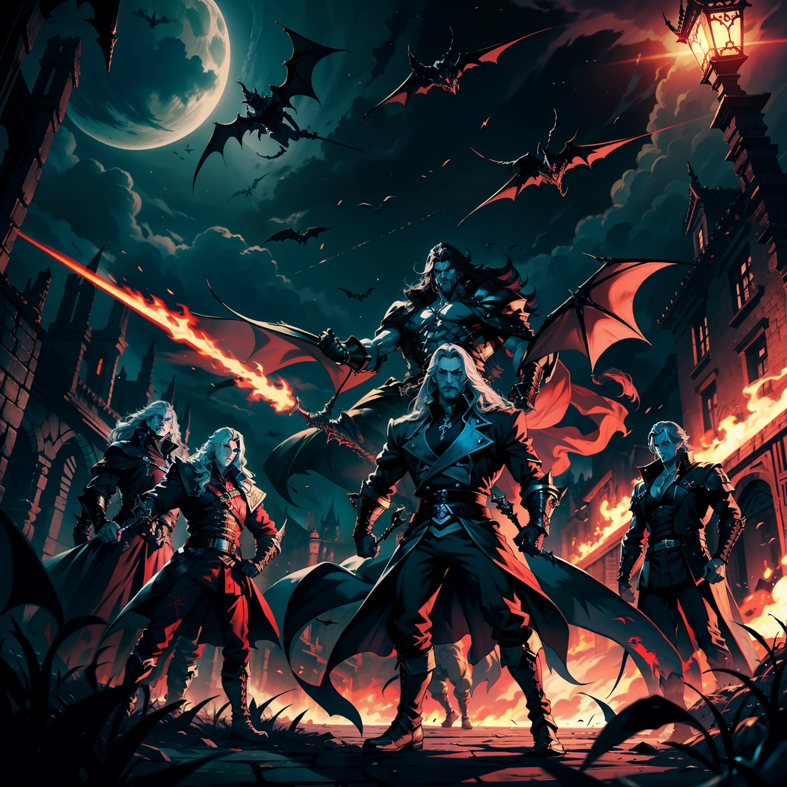 Castlevania Shadow Lord hyper realistic super detailed Dynamic cinematic scenes of men in battle Lord Dracula leading troops army of demons to battle