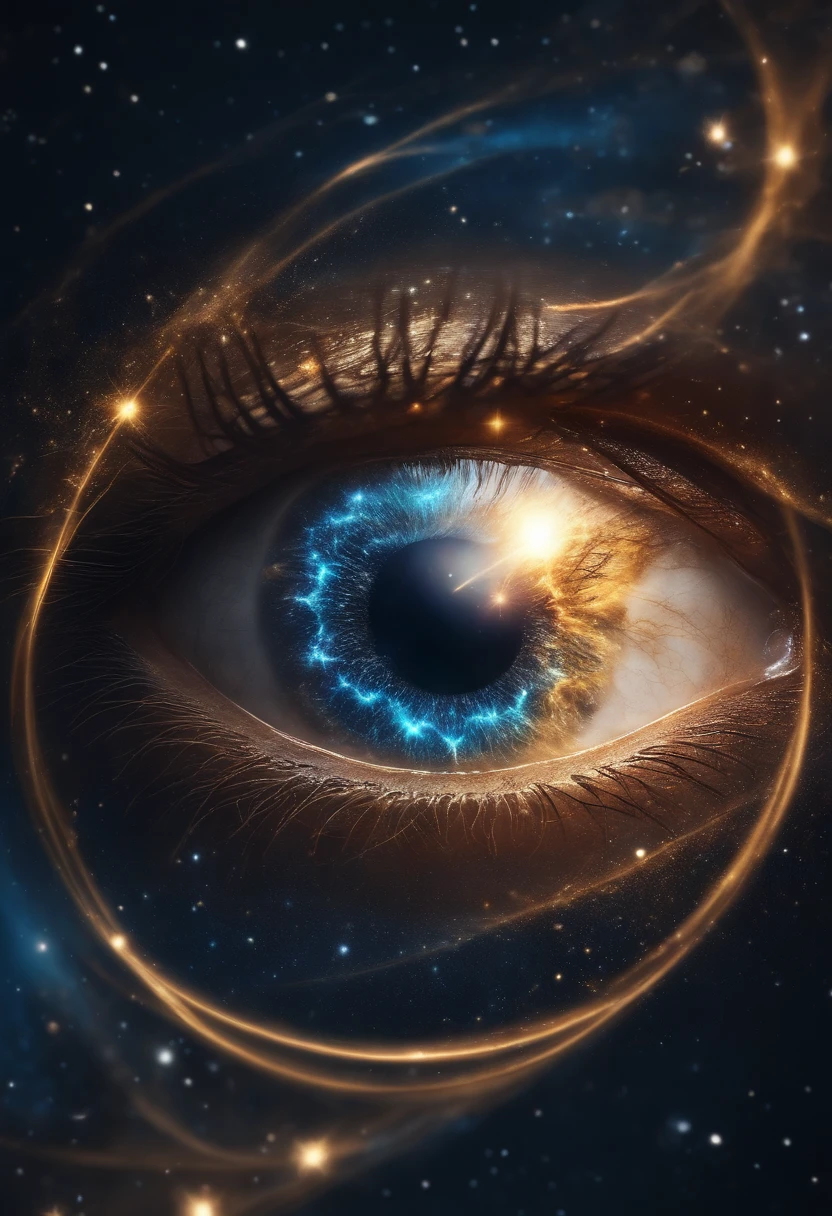 um logotipo, modern and unique of a human eye reflecting the Milky Way，Nebulosa Azul，neblina nebulosa，brilho dourado，beautiful cosmic neural network，arte digital muito bonita, Arte digital altamente detalhada em 4k, softly swirling magical energy，Redemoinhos de magia，dreamlike art, Estilo Intrincado Ornamentado CGI Anime, fundo isolado