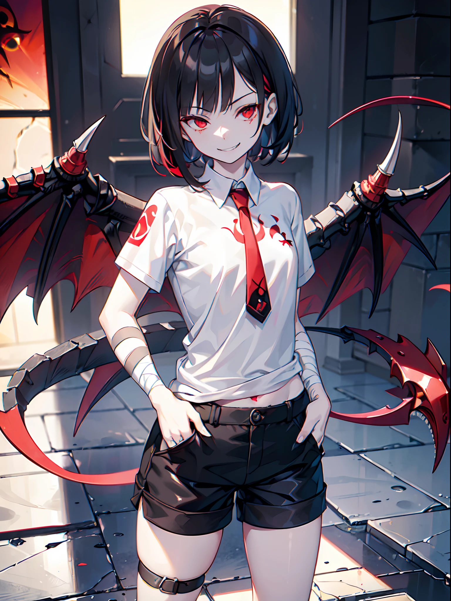(masterpiece, sidelighting, finely detailed red eyes: 1.2), ((best quality)), ((masterpiece)), (highly detailed:1.3), anime, girl, small chest, childish body, bodytight shirt, oversized camouflage shorts, bandages on right leg, bandages on right hand, pale skin, (shadowed eyes, darkened eyes, glowing red eyes), (sharp teeth, smirk, evilish smile, mischevious smile), (short-medium hair, black hair, fancy haircut), red tatto on left hand, hands in pockets, scar on left hip, solo, 1girl,