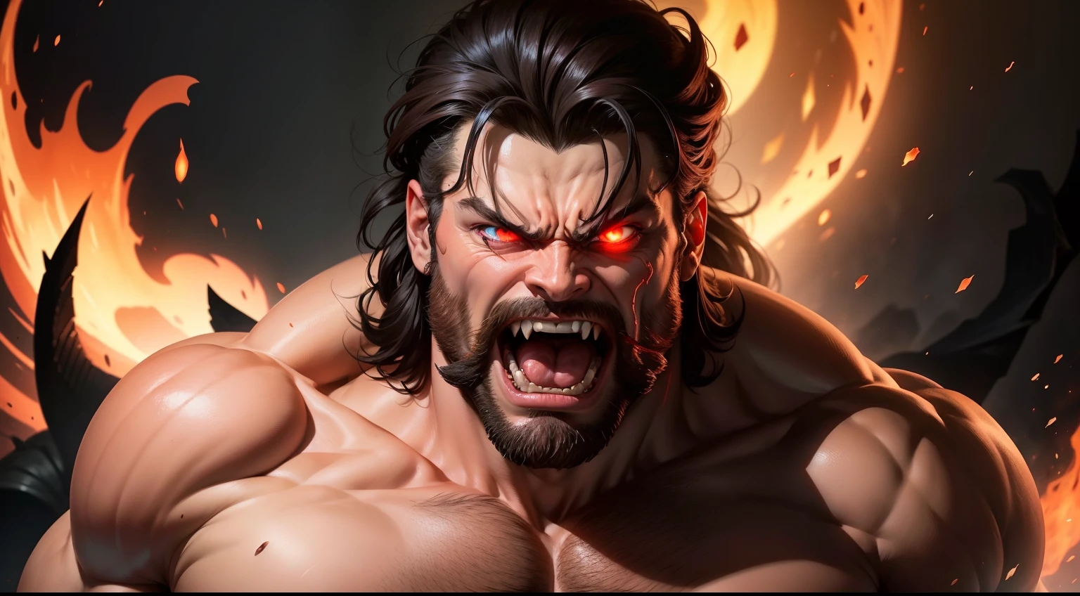 Generate an image that portrays Hercules in a state of madness, his eyes blazing with an eerie red light, and his face contorted in a frenzied scream.