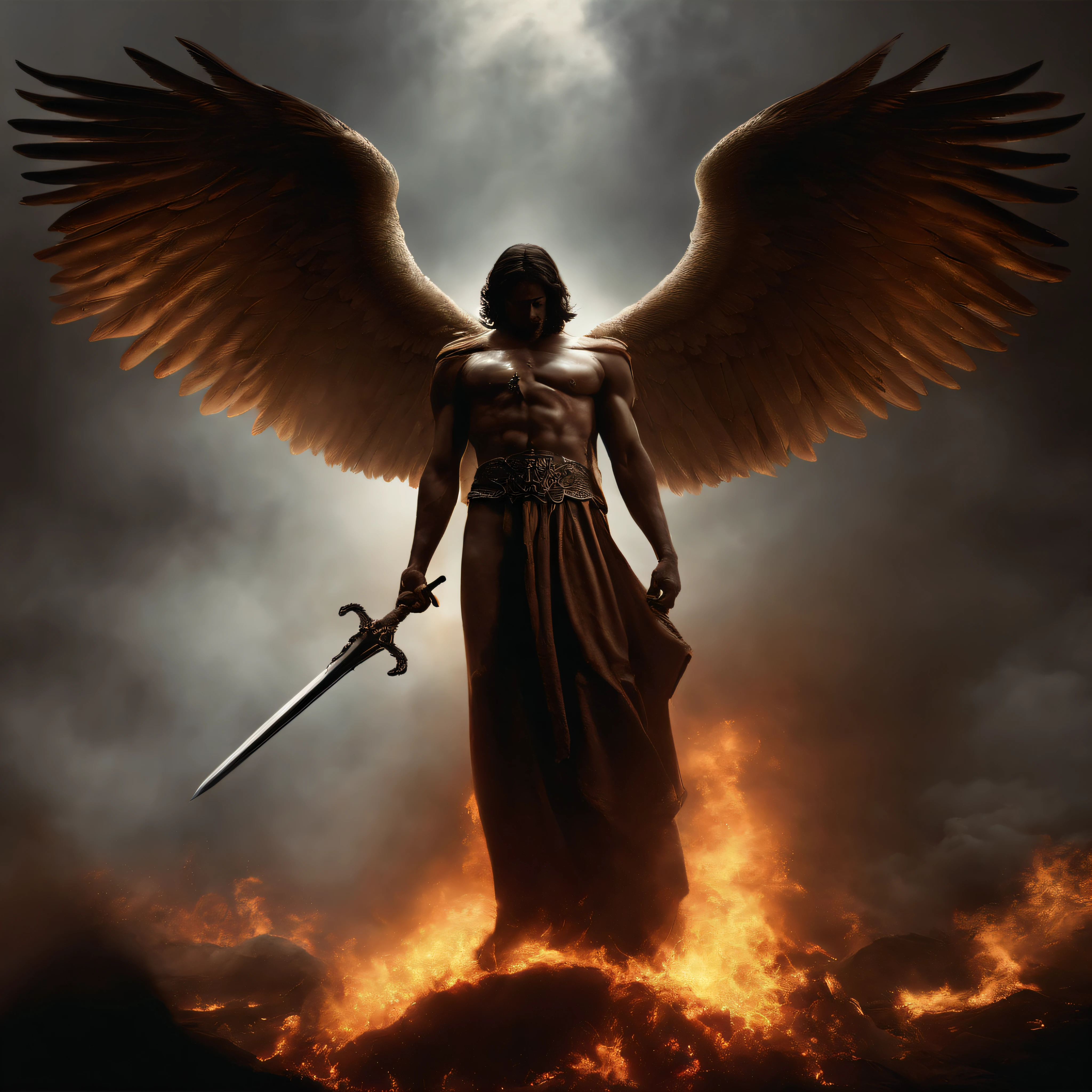 an image of an angel with a sword standing in hell, Anjo no inferno, arcanjo, angels vs demons, angel watching demon, angels and demons, anjo protegendo o homem, Arcanjo Miguel, O Anjo da Morte, Battle between angels and demons, anjo super largo, epic angel wings, angels protecting a praying man, necessidade humana anjo da morte. ((imagem epica)), ((alta qualidade))