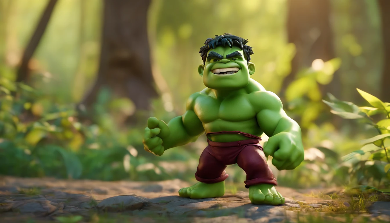 hulk baby in diapers pooped in a park pixar style 3d, with very saturated and colorful colors, 8K ultra-detailed