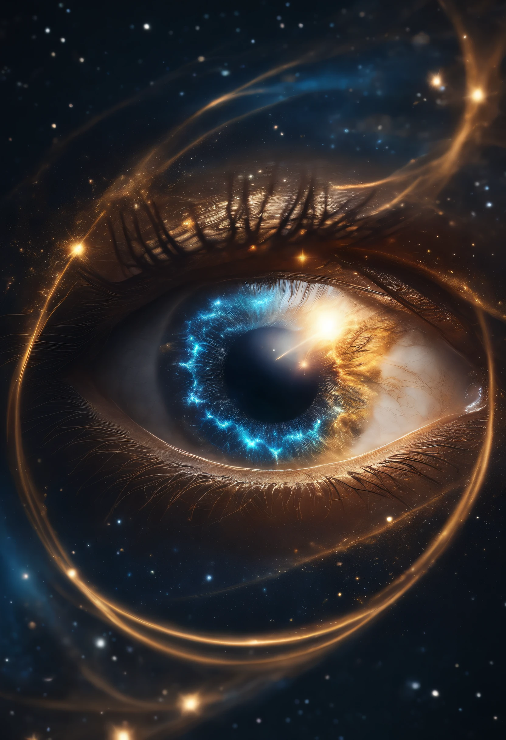 um logotipo, modern and unique of a human eye reflecting the Milky Way，Nebulosa Azul，neblina nebulosa，brilho dourado，beautiful cosmic neural network，arte digital muito bonita, Arte digital altamente detalhada em 4k, softly swirling magical energy，Redemoinhos de magia，dreamlike art, Estilo Intrincado Ornamentado CGI Anime, fundo isolado